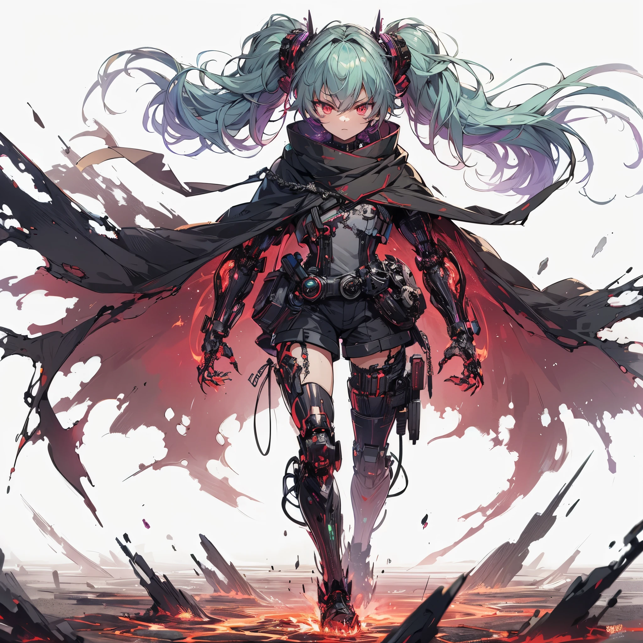 (masterpiece, Best Quality), (Perfect athlete body:1.2), (detailed hairs), Ultra-detailed, Anime style, Full body, cyberpunk Egged runner girl, burnt black mechanical limb, ((fists of black-purple flame)), Sea green two topknot hairstyle with red eyes, wearing raged cape and cyberpunk outfit. standing in burned earth, 8k high resolution, white background, whole-body, full-length view,