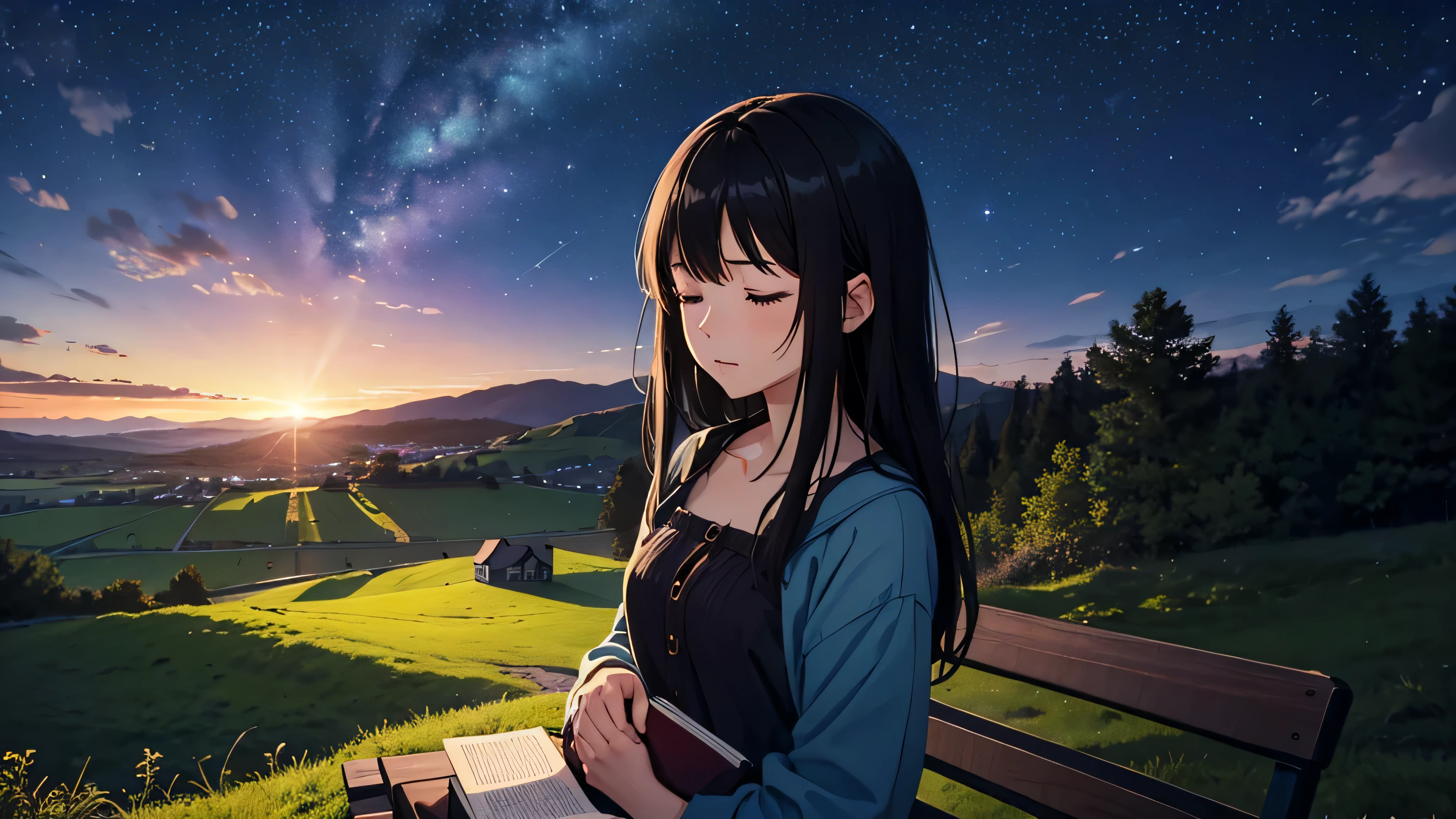 Generate an image of a girl with mid-length black hair and a calm expression, sitting alone on a park bench atop a small hill in a rural area, holding a book with her eyes closed. The image should capture her from the chest up, showing her bust. The lights of a countryside town are twinkling below, offering a view of its night scenery. Above, a starry sky is visible. Her hair is gently swaying in the wind.