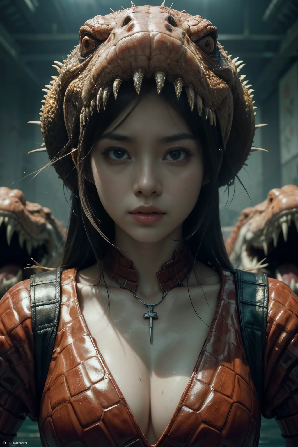 (high quality), (masterpiece), (detailed), 8K, Hyper-realistic portrayal of a futuristic (1girl1.2), Japanese character in a dramatic bloodbath with crocodiles. Meticulous details capture the intensity, blending tradition and futuristic elements in this visually stunning composition. Trending on Artstation.