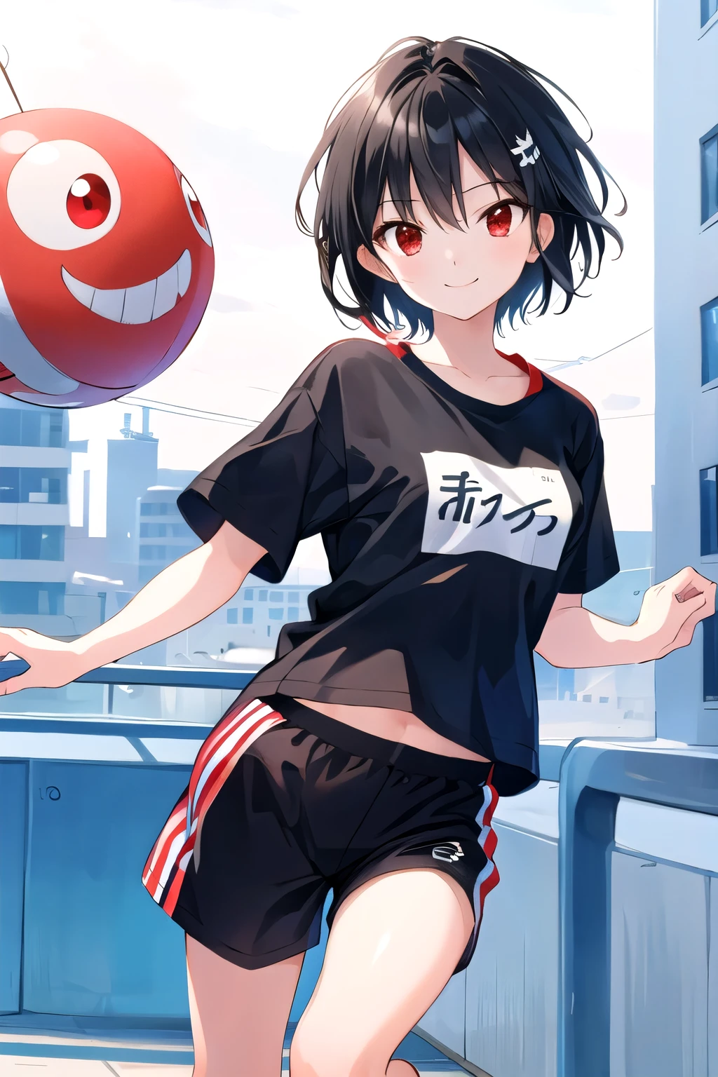 (masterpiece:1.2),highest quality,perfect anatomy,very detailed,
break
cute girl,shiny skin,light smile,alone,short hair,
nice big eyes,cute eyes,(red eyes:1.4),(black hair:1.4),
break
sport shirt,sports shorts,
break
school,running track,
break
looking at viewer,character focus,evil smile,running,
break