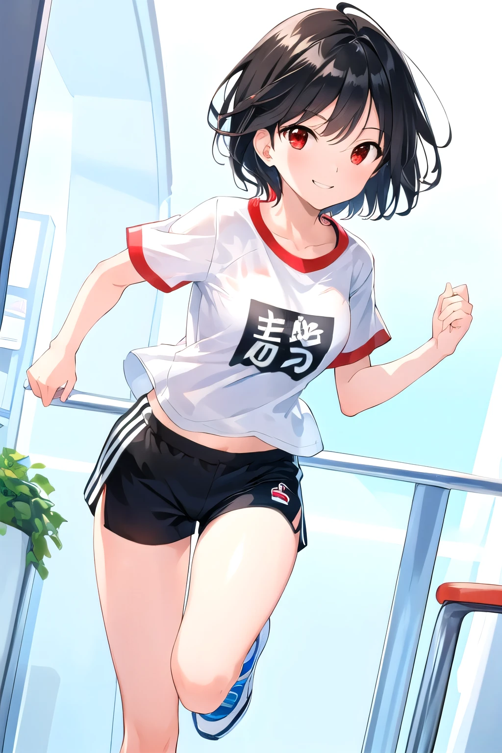 (masterpiece:1.2),highest quality,perfect anatomy,very detailed,
break
cute girl,shiny skin,light smile,alone,short hair,
nice big eyes,cute eyes,(red eyes:1.4),(black hair:1.4),
break
sport shirt,sports shorts,
break
school,running track,
break
looking at viewer,character focus,evil smile,running,
break