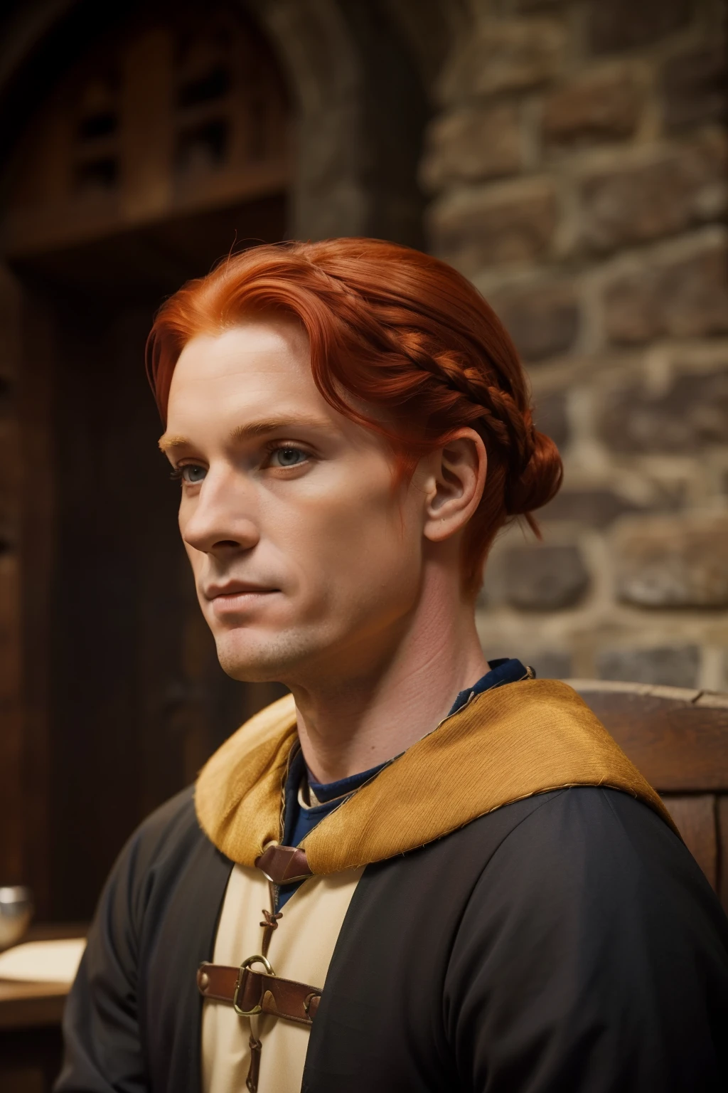 England, 1348. ((((32-year-old)) Merthin Fitzgerald)), handsome, athletic, in a meeting, ((concealed smile)). ((((clothings from the 1340s)))), ((redhead hairstyle of the 1340s))