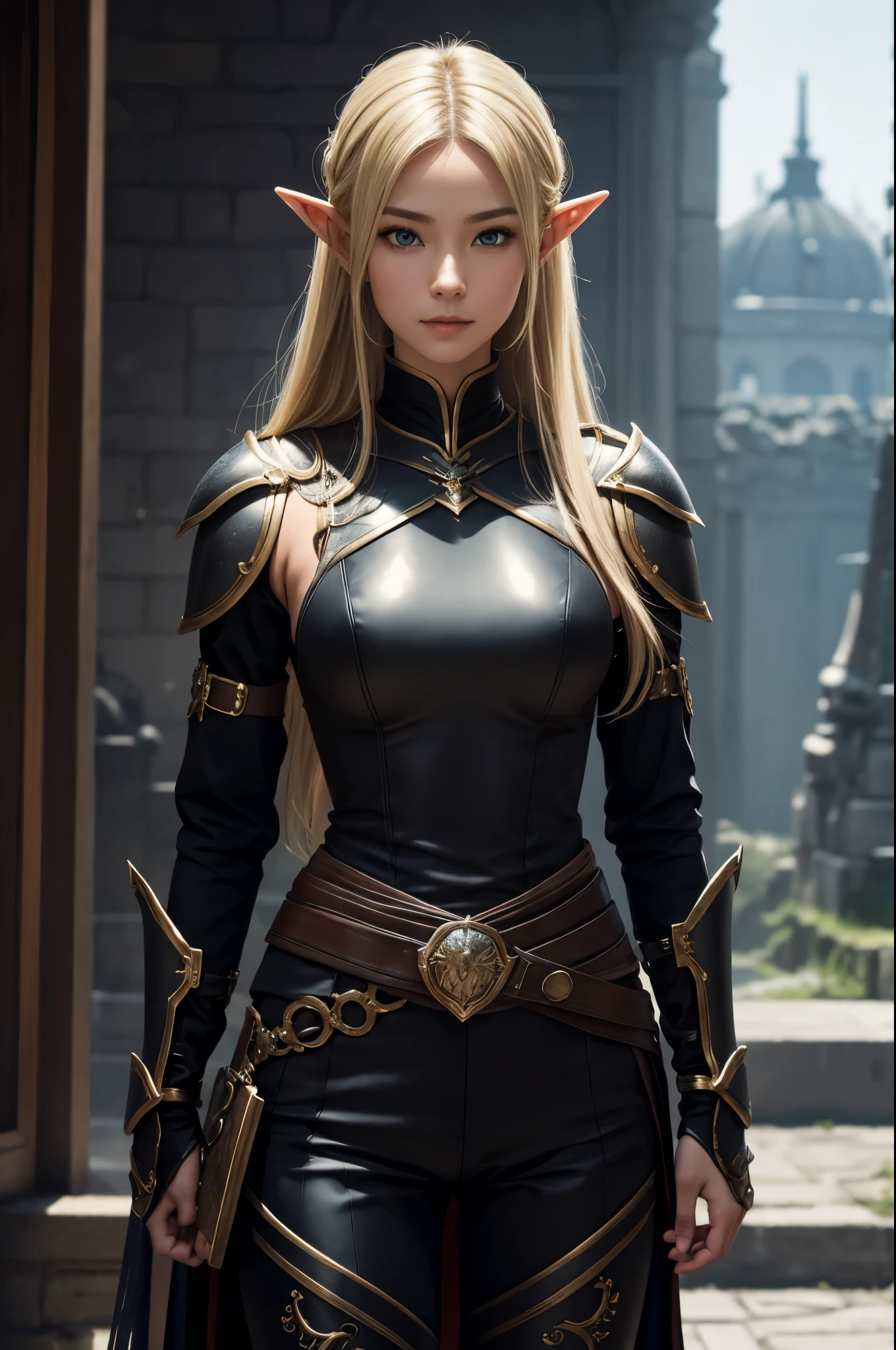 8K,An elf woman who is the vice-commander of the Knights of the Brave.,Super beautiful(like the real thing),green eyes,blonde straight hair,muscular slim body,strongly cracked abdominal muscles,luxurious black exterior,luxury black combat pants,Carrying a long, thin rapier(carry on your waist),smile,long slit eyes,masterpiece,Photorealistic RAW photos of the highest quality。bright colors,rich colors, Backlight, cinematic lighting, film grain, to be born, 50MM lens, Nikon D850,realistic skin,fantasy art,character art,ultra high resolution,realistic scale skin,Perfect hand shape,view audience,beautiful expression,comb one&#39;s hair,very small breasts,豪華な黒いvery small breastsの胸鎧,luxurious black shoulder armor,luxury black gauntlets,luxurious black waist armor,luxury black leg armor,view audience,