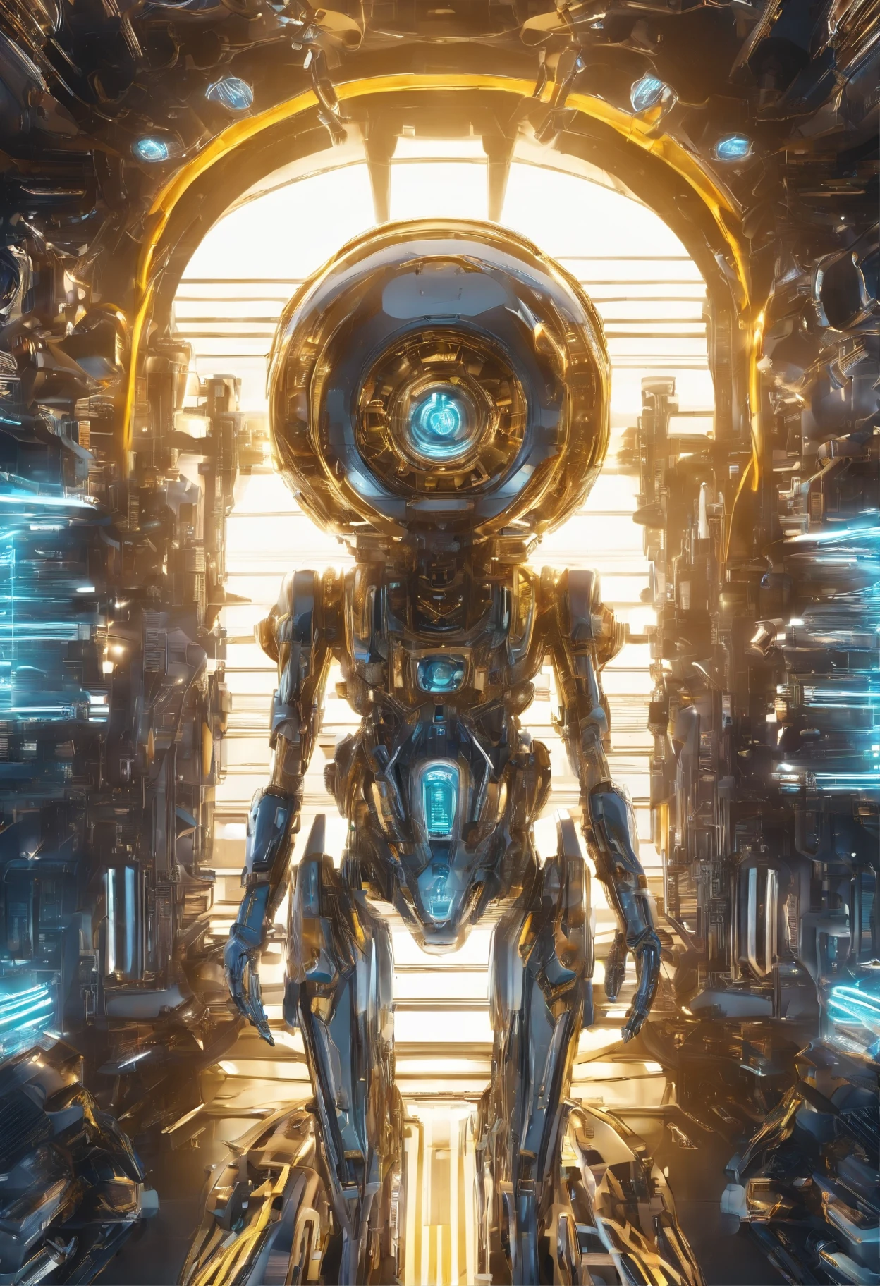 best quality, super fine, 16k, incredibly absurdres, extremely detailed, translucent AI robot made of lots of chrome, silver and gold plated gears and neon light wiring