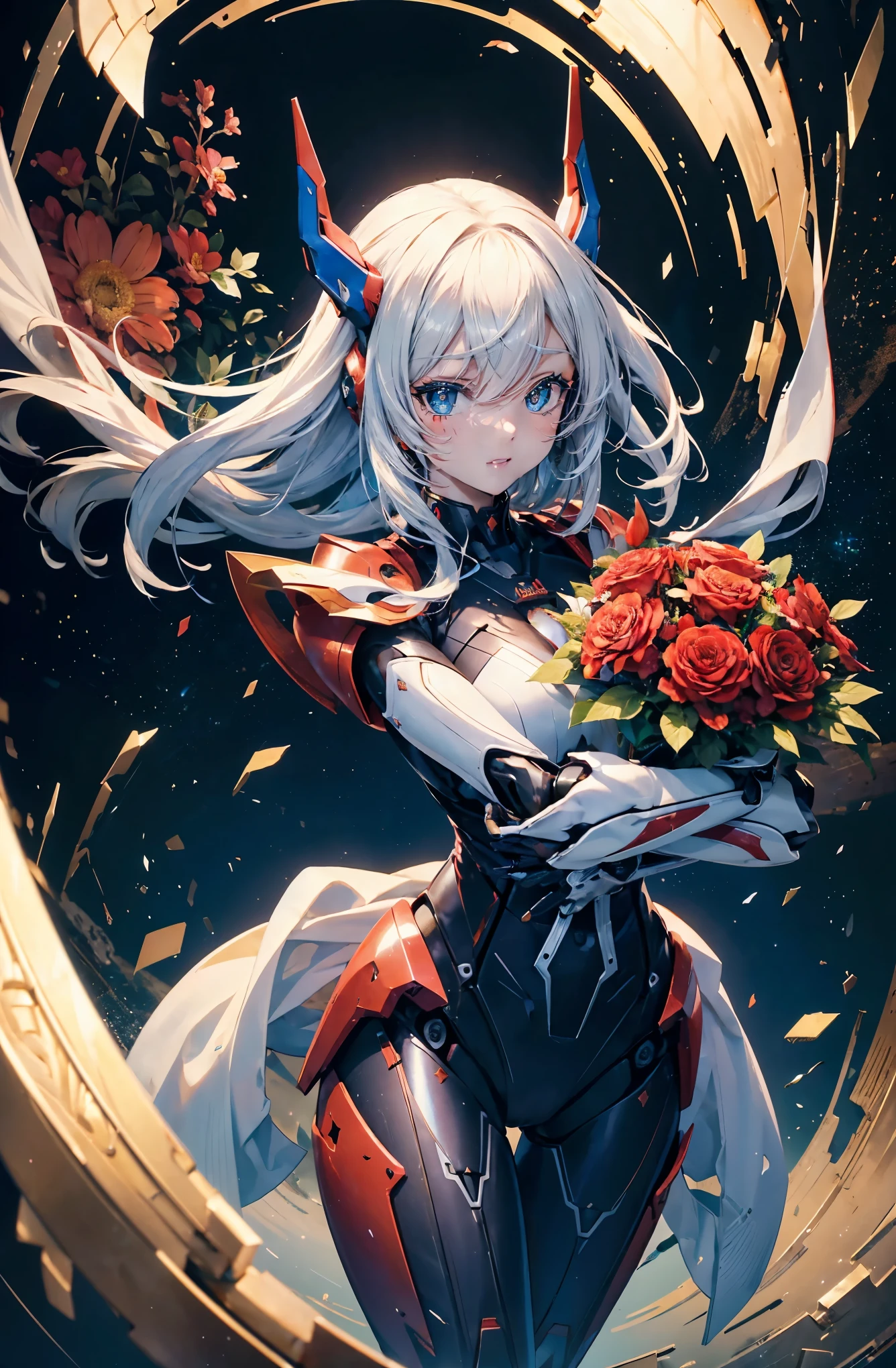 masterpiece,highest quality,Super detailed,very detailedイラスト,very detailed,intricate details,High resolution,超intricate details,very detailed 8k cg wallpaper,caustics,reflection,ray tracing,Demo theme,nebula,(A brave hero based on red, blue and white)、Combined robot image、cyber effect, (1 girl:1.4),alone,alone,mecha musume,mechanical parts, robot joints,single mechanical arm, headgear, mechanical harrow,hello star,complex mechanical bodysuit, my corset, full armor, hair between eyes, golden hair, inner hair coloring, blue eyes,shining eyes,BREAK.(Carrying a bouquet full of beautiful flowers、Please give me a present:1.5)BREAK.starry sky,skyline,