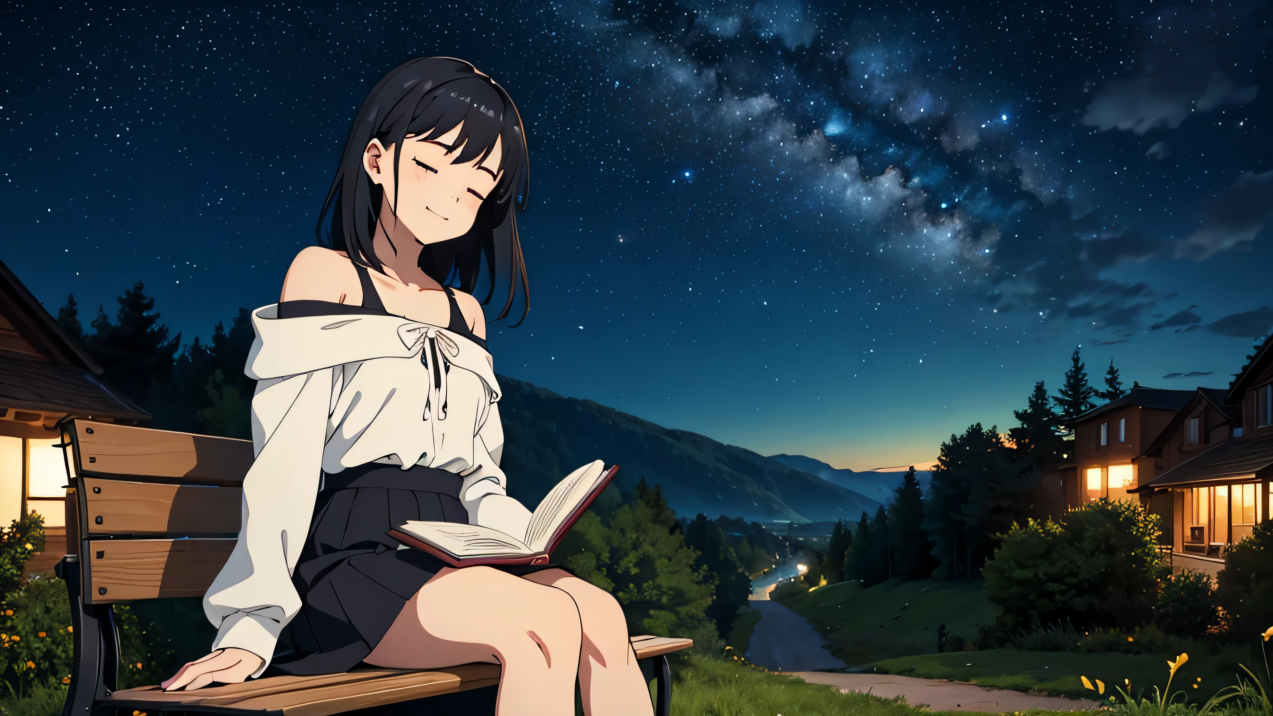 Generate an image of a girl with shoulder-length black hair and a calm expression, slightly smiling with her eyes closed, sitting alone on a park bench atop a small hill in a rural area, holding a book. The image should capture her from the chest up, showing her bust, with a slightly forward-leaning posture. The lights of a countryside town are twinkling below, offering a view of its night scenery. Above, a starry sky is visible. Her hair is gently swaying in the wind.