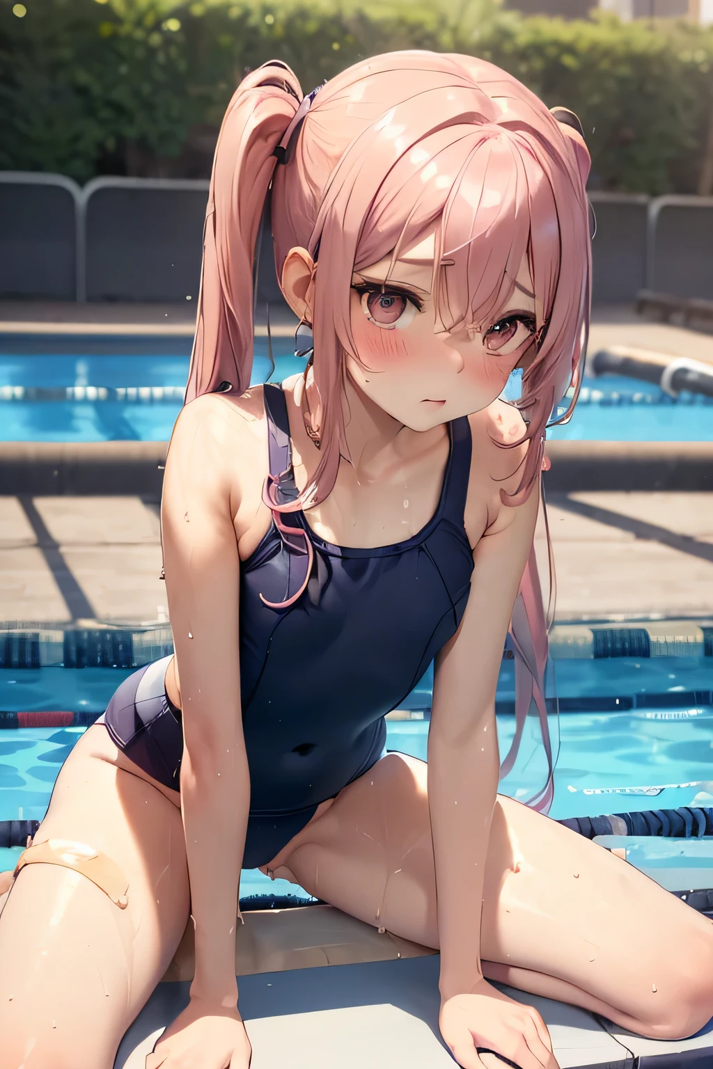 NSFW,muste piece,masterpiece,highest quality,Super detailed,High resolution,8K portrait,Unity,8k wallpaper high definition CG,shiny skin,(:1.3),(Loli:1.3),(1l),beautiful clear eyes,extremely detailed description,delicate face,nice lips,slender body,thin waist,thin legs,(school poolside:1.6),cute type,perfect face,seriously,(blush:1.5),(pink hair twintails:1.3),((flat chest:1.3)),(navy blue school swimsuit:1.3),((climax in vagina,(spread l5),(pussy:1.5)forward:1.5))