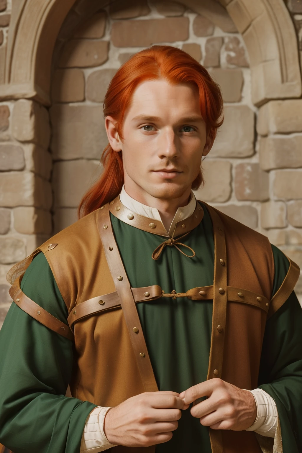 England, 1349. ((((33-year-old)) Merthin Fitzgerald)), handsome, athletic, in a meeting, ((concealed smile)). ((((clothings from the 1340s)))), ((redhead hairstyle of the 1340s))
