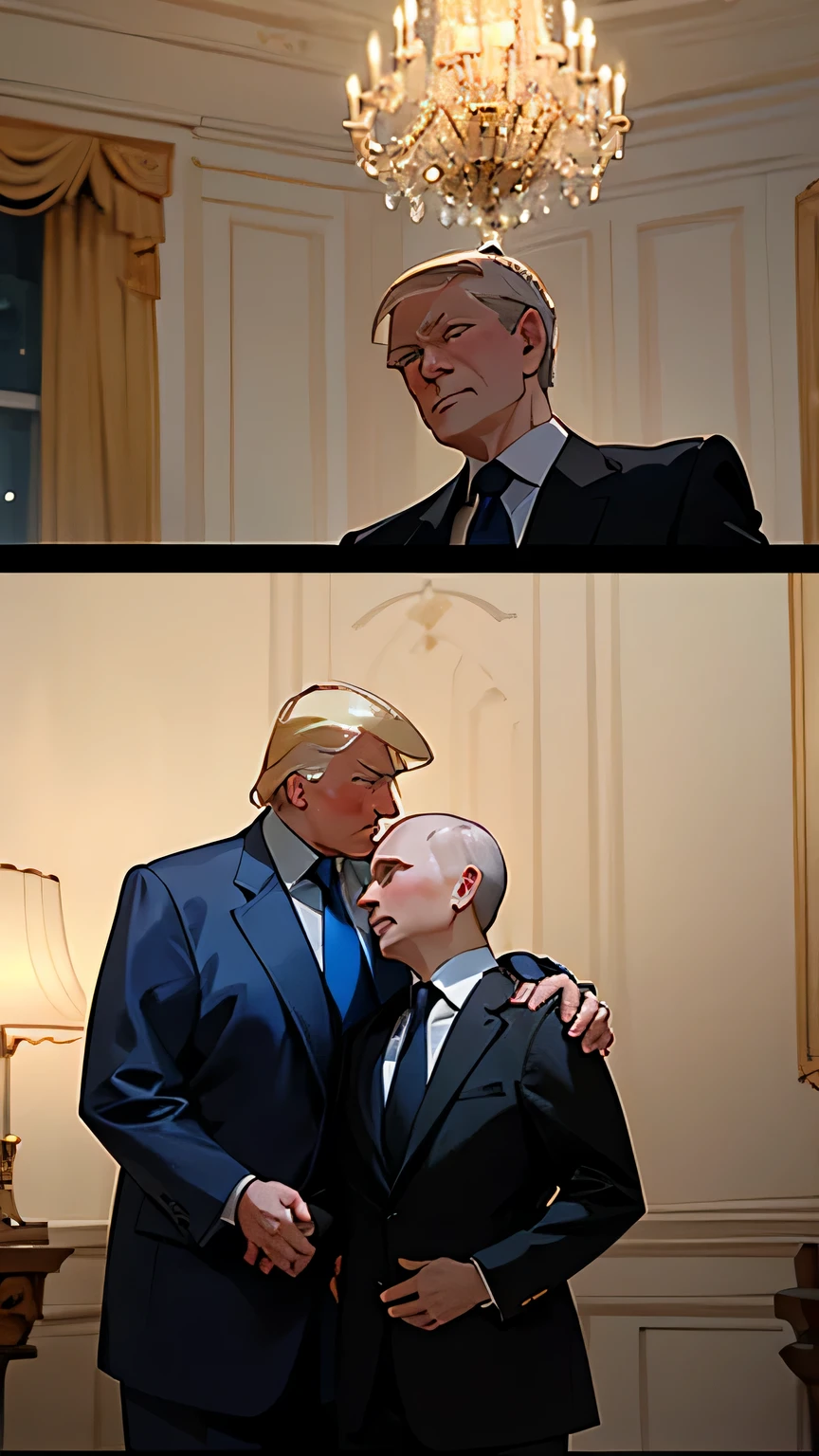 A high-resolution image of USA President Donald Trump and Russian President Vladimir Putin kissing. They are both smiling and appear to be enjoying a moment of camaraderie. Trump is wearing a suit with a blue tie, while Putin dons a casual blue blazer. The background reveals a luxurious bedroom with golden accents and a grand chandelier.