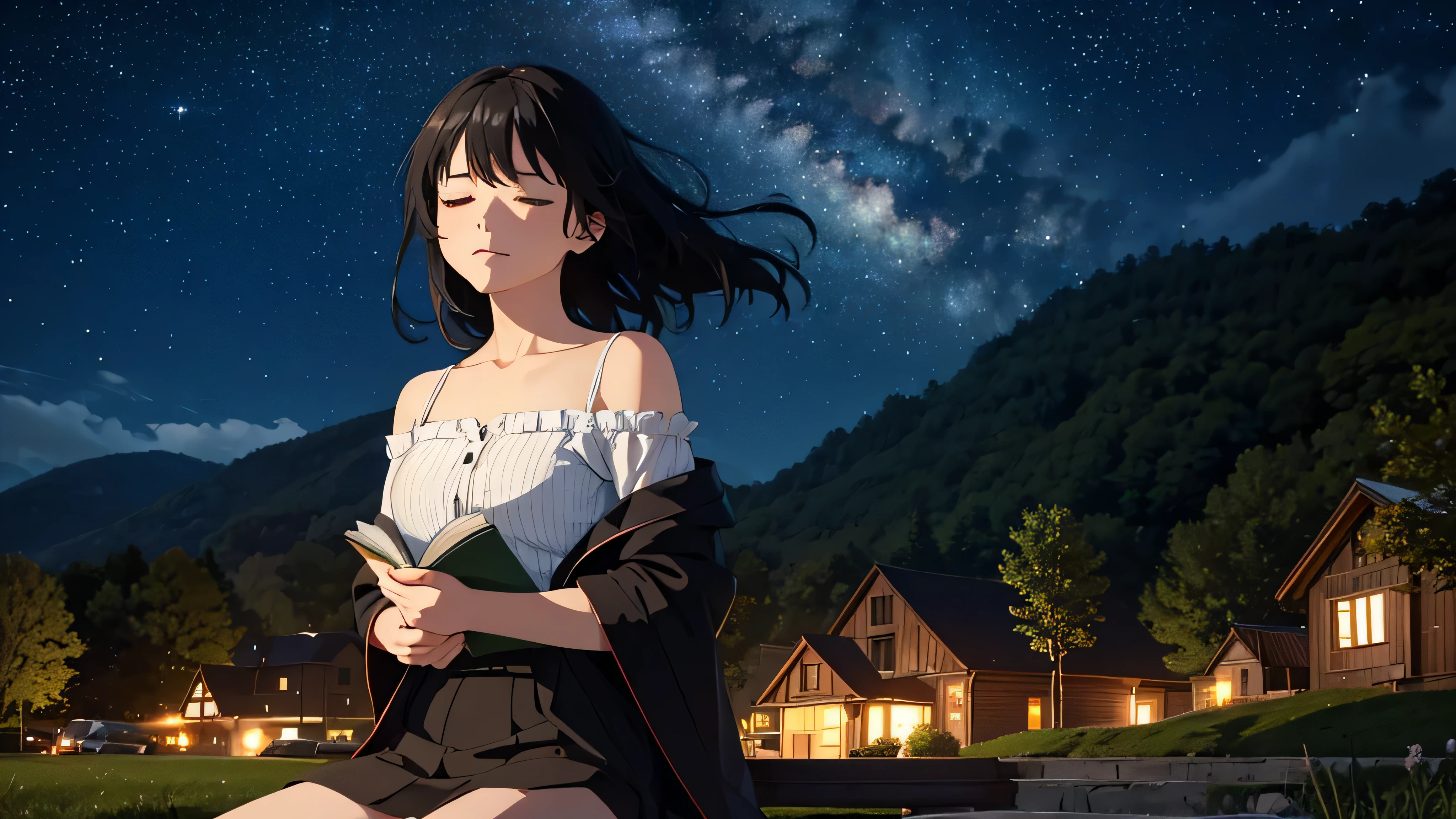 Generate an image of a girl with shoulder-length black hair, sitting alone on a park bench atop a small hill in a rural area, holding a book with her eyes closed. She has a calm expression with her face leaning forward, and a slight smile. The image should capture her from the chest up, showing her bust. Below, the lights of a countryside town are twinkling, offering a view of its night scenery. Above, a starry sky is visible, and her hair is gently swaying in the wind.