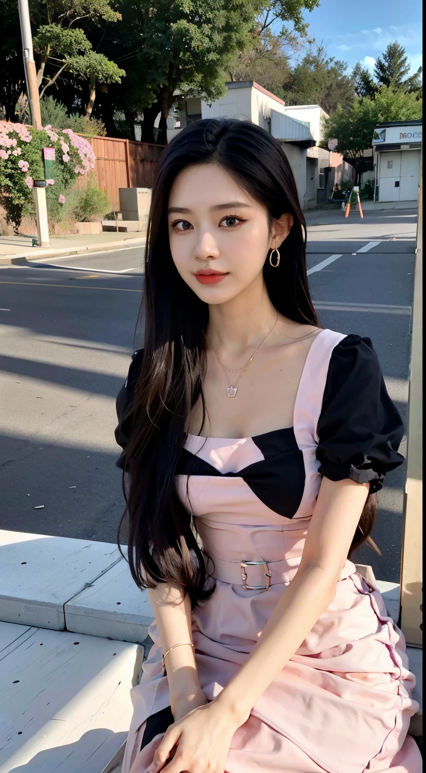A woman in a pink dress is sitting in a flower bed，The background is blue sky, Jinyoung Shin, Simsbo, best face, blackpink jennie, Jaeyeon Nam, fairy core, Doyoung Kim, album art, Portrait of Blackpink Josh, sakimichan, face profile picture, Young Angel, 🍁 cute, chassis, common ratio