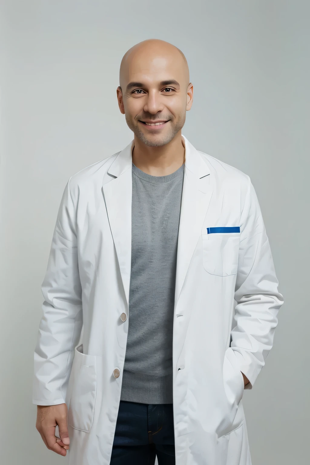 Dentist doctor standing up, smiling, white coat, bald, flat background