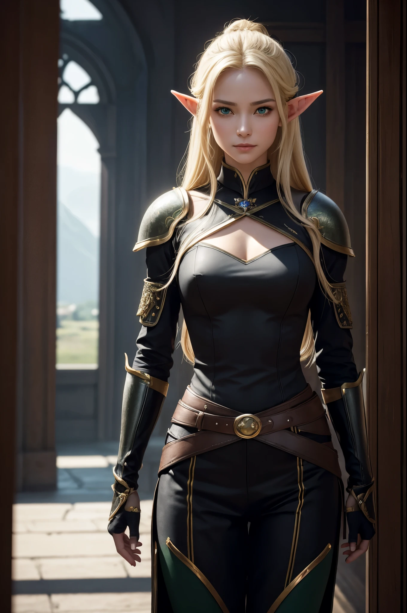8K,An elf woman who is the vice-commander of the Knights of the Brave.,Super beautiful(like the real thing),green eyes,elf ears,blonde straight hair,muscular slim body,strongly cracked abdominal muscles,luxurious black exterior,luxury black combat pants,Carrying a long, thin rapier(carry on your waist),smile,long slit eyes,masterpiece,Photorealistic RAW photos of the highest quality。bright colors,rich colors, Backlight, cinematic lighting, film grain, to be born, 50MM lens, Nikon D850,realistic skin,fantasy art,character art,ultra high resolution,realistic scale skin,Perfect hand shape,view audience,beautiful expression,comb one's hair,very small ,豪華な黒いvery small の胸鎧,luxurious black shoulder armor,luxury black gauntlets,luxurious black waist armor,luxury black leg armor,view audience,