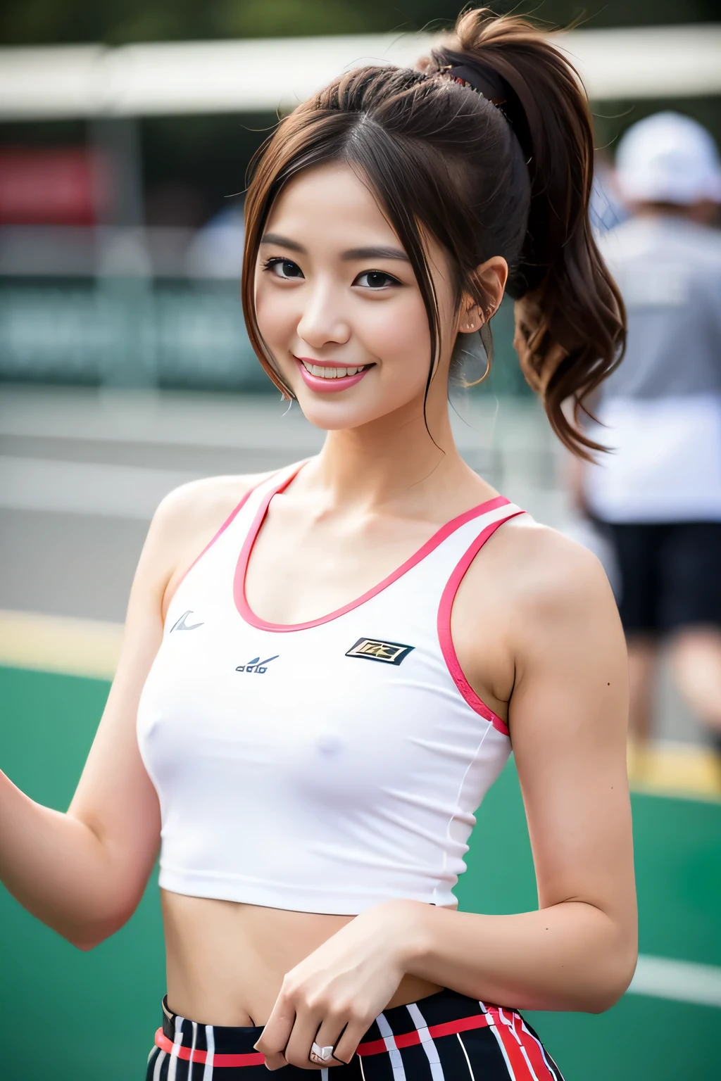 Grid Girl、Race Queen、Beautiful collarbone、Sleeveless、highest quality、High resolution、with dimples、detailed and beautiful eyes, fine hair, Detailed and realistic skin texture、cheerful smile、slit skirt