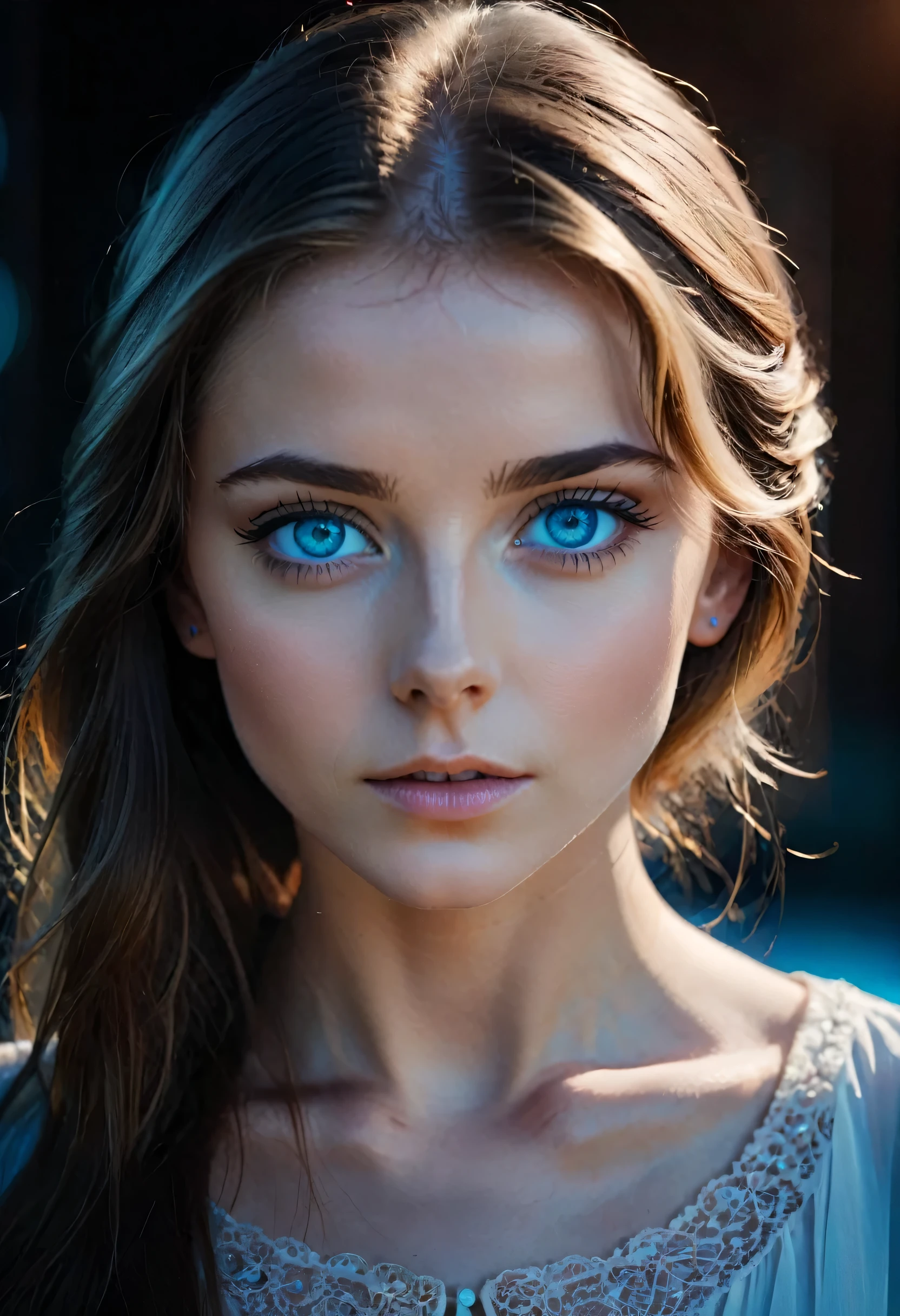 Portrait of a young woman, blue eyes, cinematic