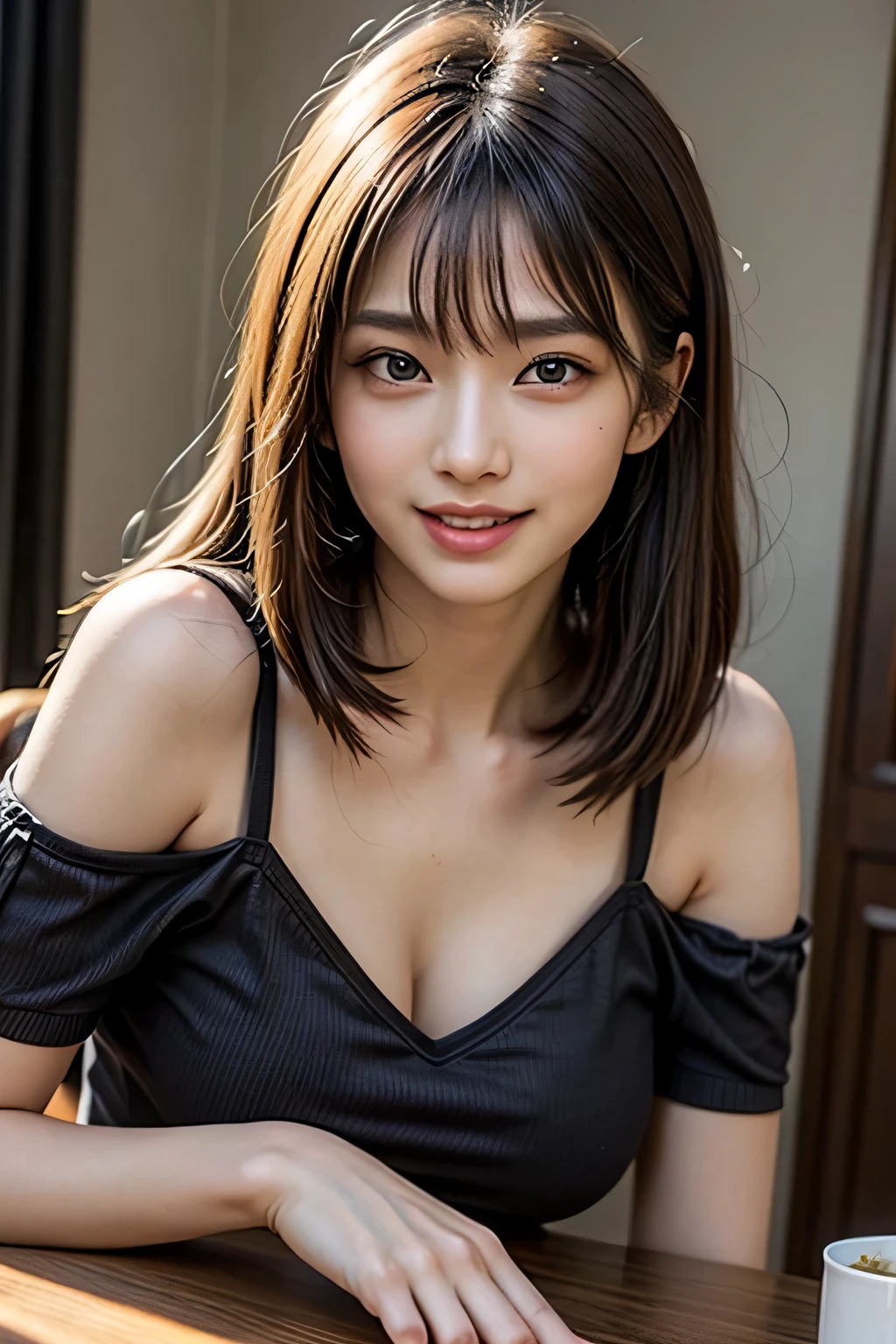 ((realistic light, highest quality, 8K, table top: 1.3)), 1 girl, beauty of slim body: 1.4, brown hair, (((super big: 1.3)), off shoulder cut top: 1.3, highly detailed face, fine eyes, double eyelid, my room, smile, cleavage, saggy breasts, (((beauty of saggy breasts))