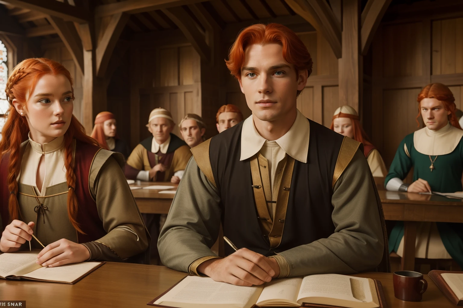 England, 1349. ((((33-year-old)) Merthin Fitzgerald)), handsome, athletic, in a meeting, ((concealed smile)). ((((clothings from the 1340s)))), ((redhead hairstyle of the 1340s))