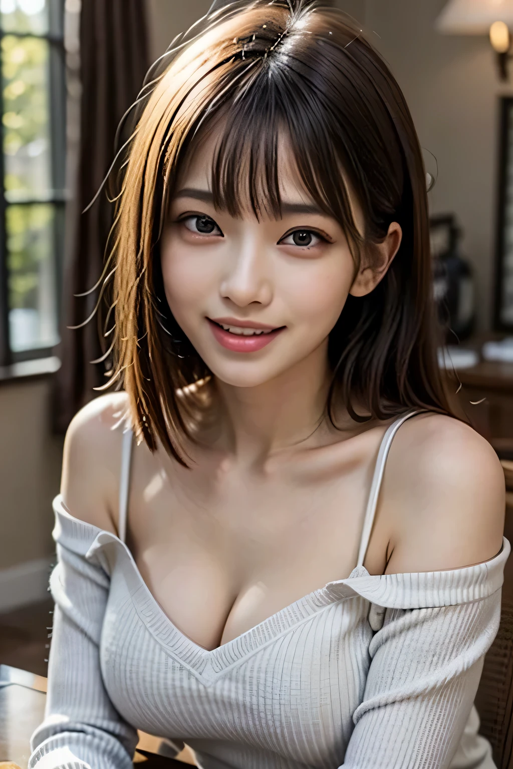 ((realistic light, highest quality, 8K, table top: 1.3)), 1 girl, beauty of slim body: 1.4, brown hair, (((super big: 1.3)), off shoulder cut top: 1.3, highly detailed face, fine eyes, double eyelid, my room, smile, cleavage, saggy breasts, (((beauty of saggy breasts))