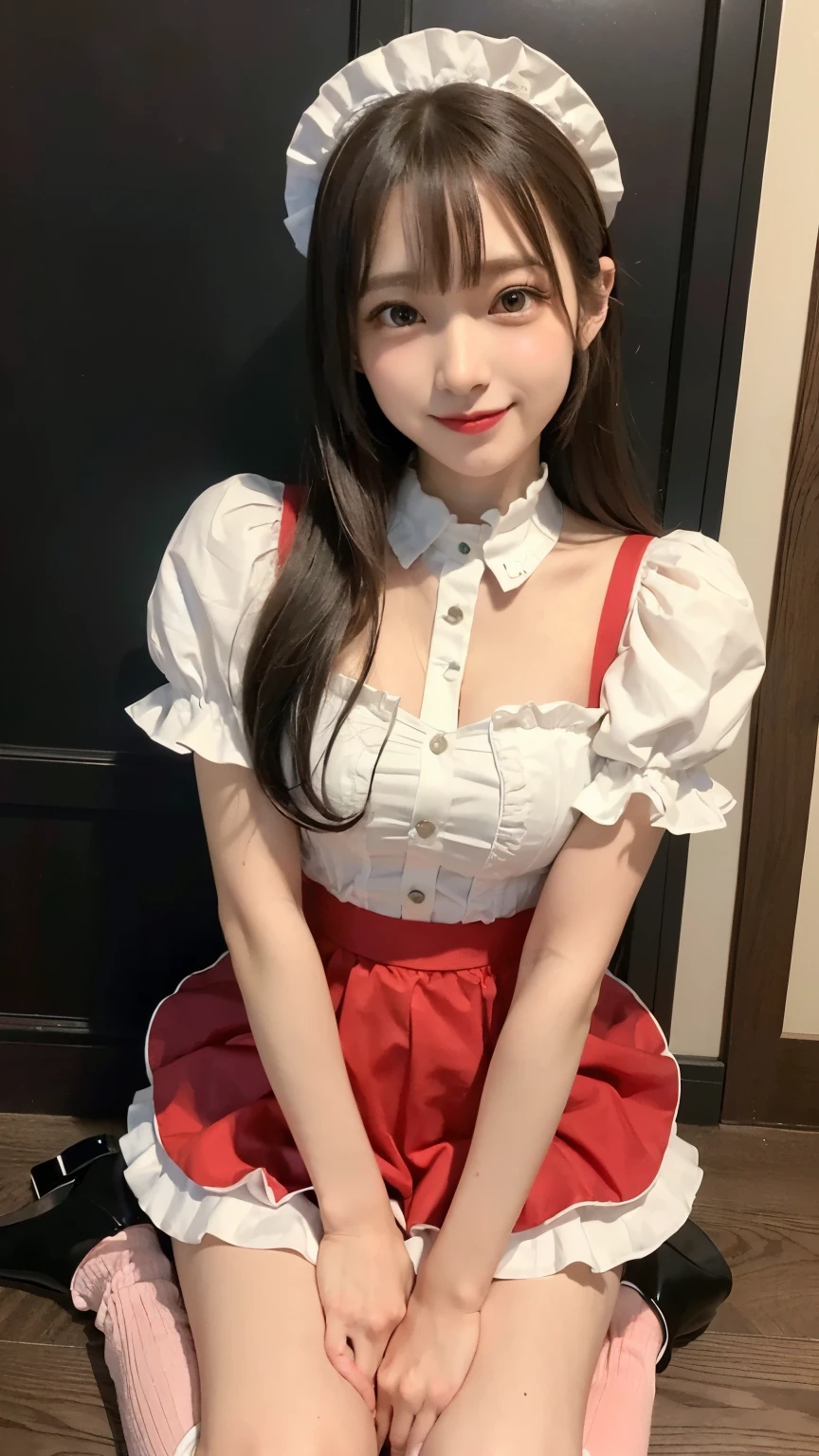 (((medium hair))), highest quality, 8K, nffsw, High resolution, absurd:1.2, photograph, (RAWphotograph:1.2), (Photoreal:1.4), (masterpiece:1.3), 1 girl, alone, japanese girl, delicate and beautiful details, (detailed eye), (detailed facial features), (highest quality:1.4), (超A High resolution:1.2), (highly detailed diagram), (lip gloss、highest quality、超A High resolution、1 girl、alone、Nogizaka 私dol、fiery idol pose、maid Cafe、Various poses are cute、girl、Maid clothes,best smile,laughter、Maid clothes、lace ruffles、Kneel with the balls of your feet on the floor、Sit on heels,Pause Request,