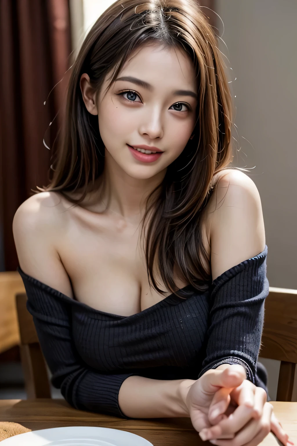 ((realistic light, highest quality, 8K, table top: 1.3)), 1 girl, beauty of slim body: 1.4, brown hair, (((super big: 1.3)), off shoulder cut top: 1.3, highly detailed face, fine eyes, double eyelid, my room, smile, cleavage, saggy breasts, (((beauty of saggy breasts))
