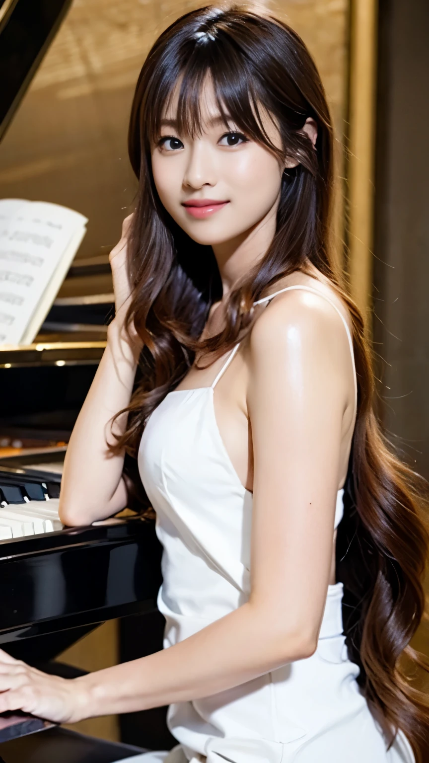 (((perfect anatomy))),alone,Ulzan 65000,sexy exciting smile, (shiny skin:1.05),(blush:0.9),(skin dents:1.15),realistic, table top, highest quality, High resolution,absurd, (perfect face:1.1), ,(highest quality,8K,32k,masterpiece,nffsw:1.3),超A high resolution,(Photoreal:1.4),Raw photo,beautiful hair, long dress with sexy slit, medium full breasted,A stage with a single spotlight in a pitch-black concert hall, detailed background, perfect lighting, Deep depth of field, beautiful shadow gradation,Grand piano1tower、Taken from top view,Bowing in front of the piano chair,1towerのピアノ,High concentration of 1girls,(Beautiful long chestnut hair braided into a top),Delicate high nose and glossy lips,beautiful face,Long limbs like a model,