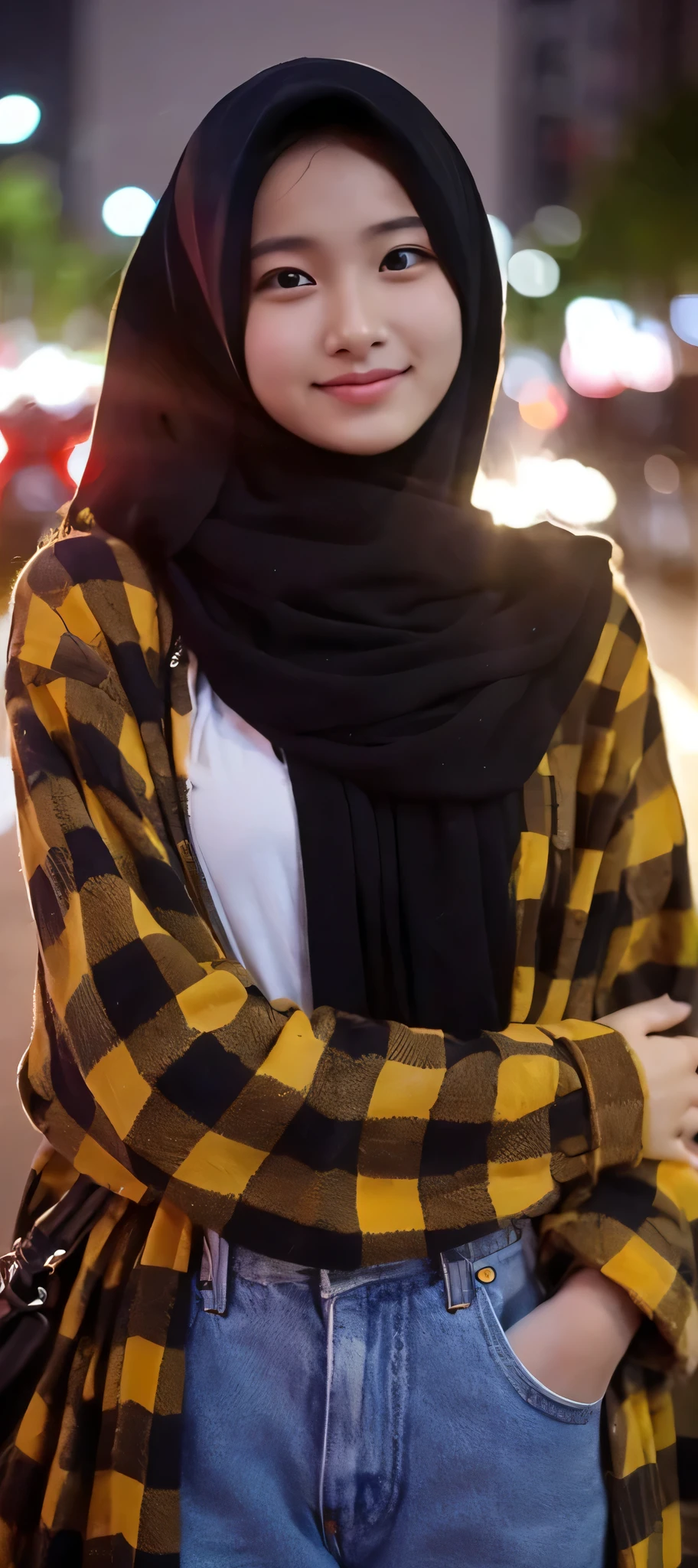 1 Malay girl, modern plain hijab, shy, medium portrait, watery eyes, RAW, Best quality, high resolution, masterpiece: 1.3), beautiful Malay woman in hijap:0.8),perfect nose,perfect lips, perfect eyes, detail :1.2), soft smile,Beautiful woman wearing a hijap, wearing a long turkneck t-shirt, thick waist, beautiful fitting breastig breasts, curvy booty, long eyelashes, thin smile, thick thighs, strong calves, She wears a yellow jacket, tight casual pants, belt, he waiting in the park, photorealistic, Masterpiece, bokeh, Volumetric lighting, Autumn mood