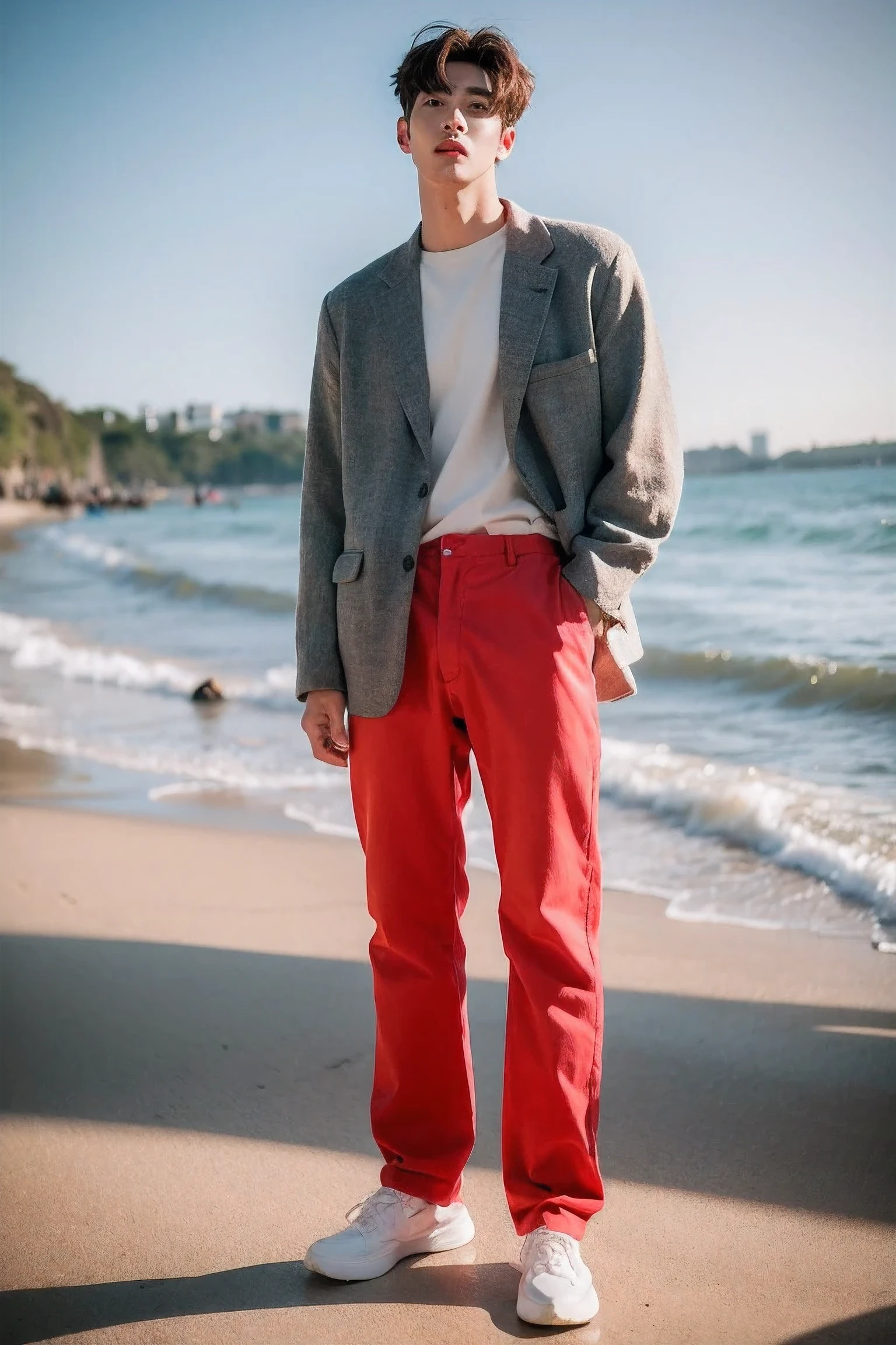 Realistic Photography, Handsome Men ,Red loose pants clothing , Standing ,beach