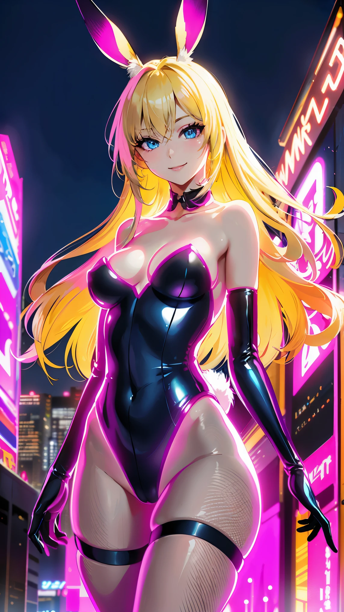 (最high quality, 4k, High resolution, masterpiece:1.2), Super detailed, (anime style, realistic:1.37), cinematic light, , (((young woman))), (round eyes), (small face), (high detail skin: 1.2), clavicle, cute face, beautiful appearance, long eyelashes, (blonde, blue eyes), (beautiful breasts:1.5), (slim body shape:1.5), very detailed顔と肌の質感, fine eyes, natural makeup, neon outfits, Bunny Girl Clothing, bewitching woman, standing pose, Fishnet tights, Seductive smile, beautiful skin, shiny skin, perfect fingers, five fingers, anatomically correct, neon light:1.2)、(Bright colors)、(rabbit ears details)、(flowing long hair:1.1)、(bright smile)、dynamic pose、futuristic atmosphere: 1.1, Shining eyes, (neon sign), atmosphere of the night, background bokeh, high quality, surreal, bright colors, ((very detailed, photo shoot)),