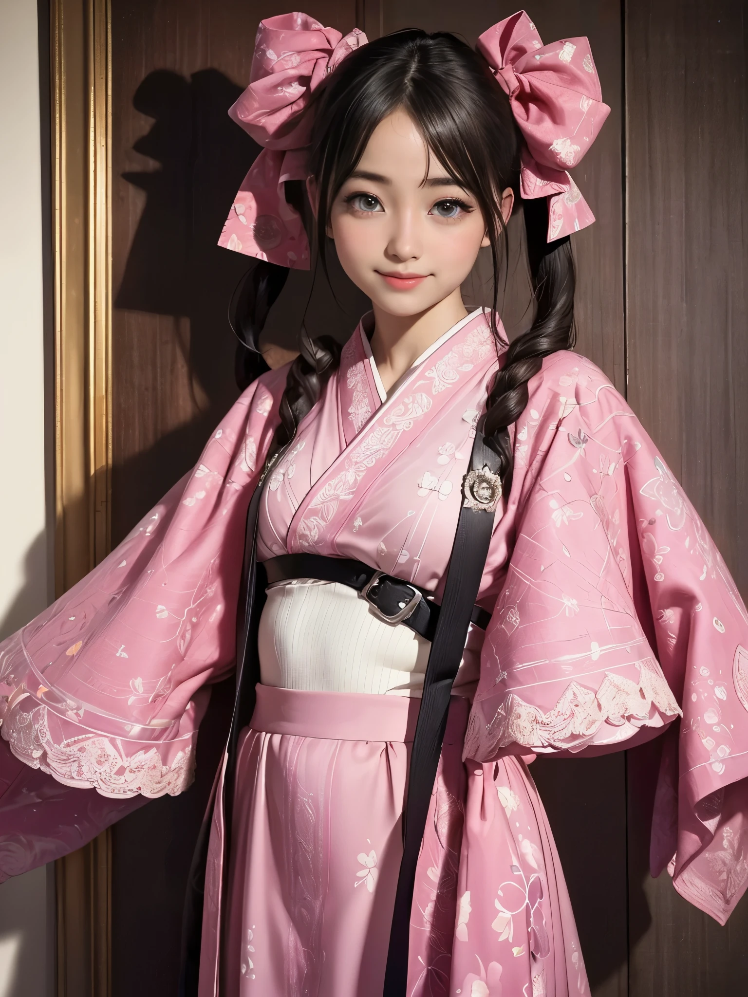 (highest quality, 8k, High resolution, realistic:2.0), (((alone, one girl)))、I am Japanese、cute idol、singer、22 years old、Like an angel in a white dress、 use pink glossy lipstick,eye swelling、(girl with big beady eyes:1.5)、((round face, smile, big breasts,big ))、flushed complexion、Cute whole body pose、ponytail、