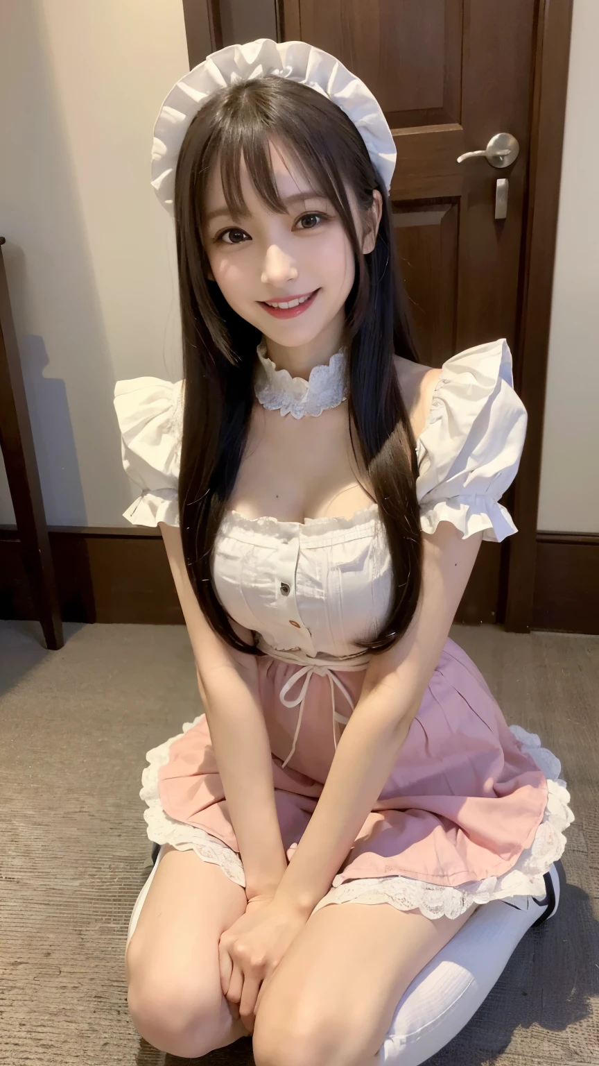 (((medium hair))), highest quality, 8K, nffsw, High resolution, absurd:1.2, photograph, (RAWphotograph:1.2), (Photoreal:1.4), (masterpiece:1.3), 1 girl, alone, japanese girl, delicate and beautiful details, (detailed eye), (detailed facial features), (highest quality:1.4), (超A High resolution:1.2), (highly detailed diagram), (lip gloss、highest quality、超A High resolution、1 girl、alone、Nogizaka 私dol、fiery idol pose、maid Cafe、Various poses are cute、girl、Maid clothes,best smile,laughter、Maid clothes、lace ruffles、Kneel with the balls of your feet on the floor、Sit on heels,Pause Request,