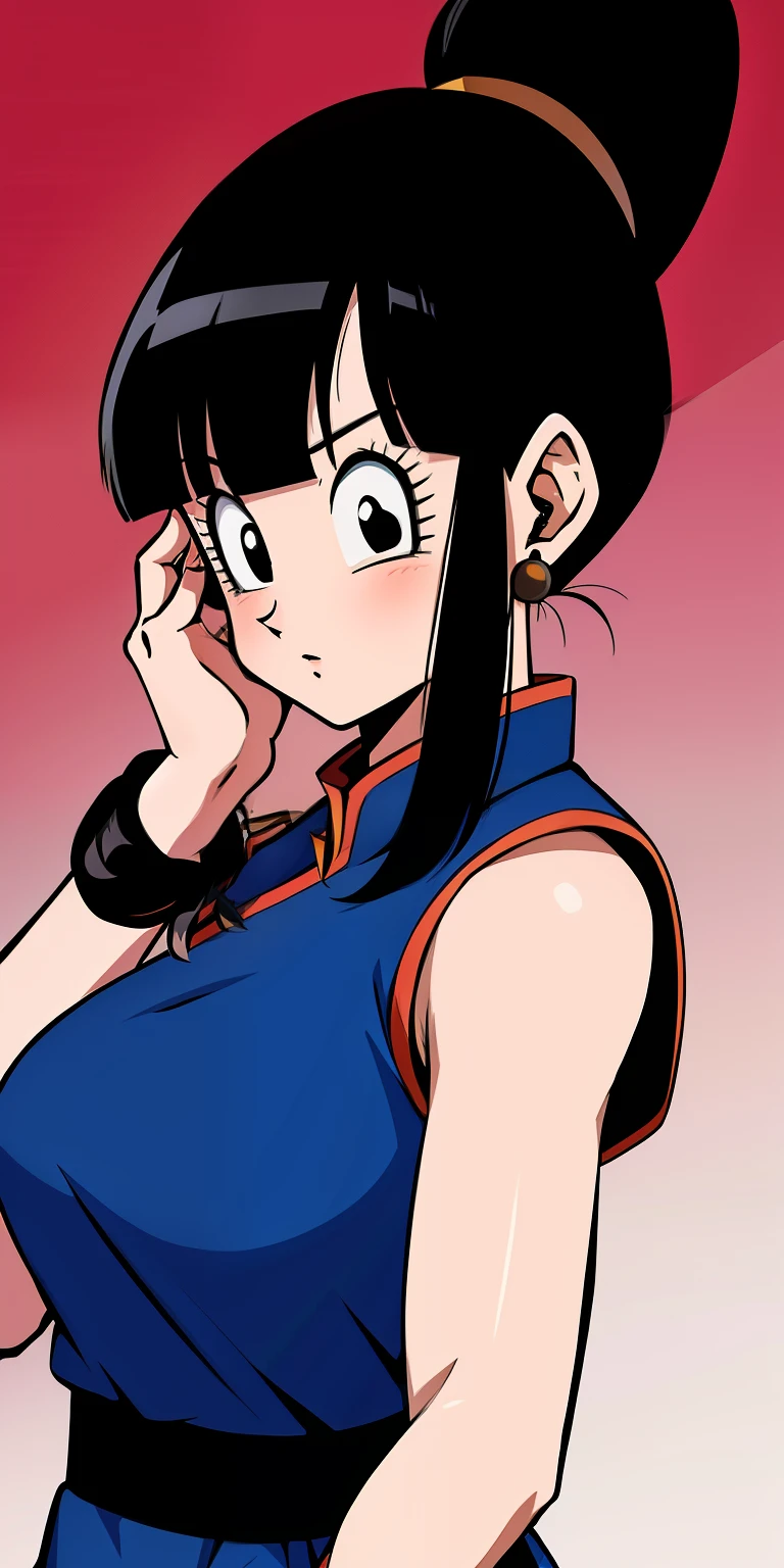 (extremely detailed CG unity 4k wallpaper),(masterpiece),(best quality),(ultra-detailed),(best illustration),(best shadow),(absurdres),(detailed background), Chi Chi (dragon ball), 1girl, solo, black hair, chinese clothes, hands on own face, bangs, blunt bangs, (ponytail), black eyes, china dress, sleeveless, dress, ponytail, hands on own cheeks, wristband, sleeveless dress, upper body, blue dress, :o, long hair, eyelashes