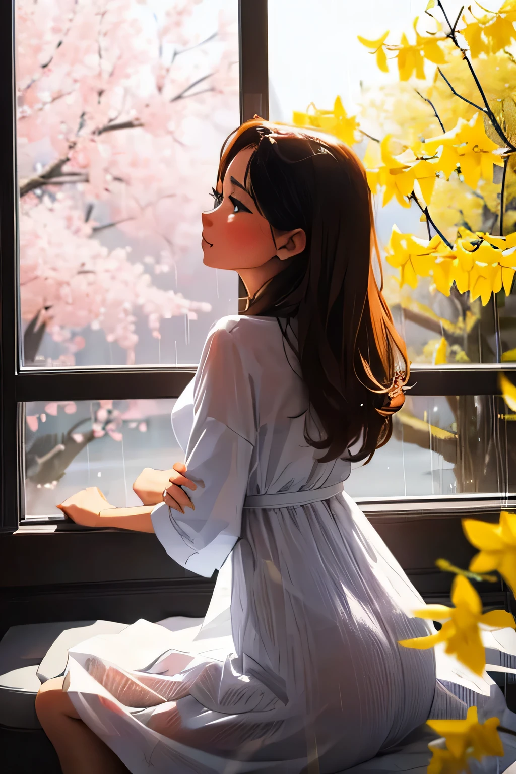 (Woman opening the window wide:1.3), [spring rainy:1.2], (I put my arms around the window:1.3), (Enjoying the rainy scenery:1.3), (Wearing a dress:1.3), (buttocks are beautiful:1.2), [spring beauty:1.1], (Forsythia is blooming:1.3), (large cherry tree:1.2), [mountain in front:1.1], [showing the whole body:1.2]