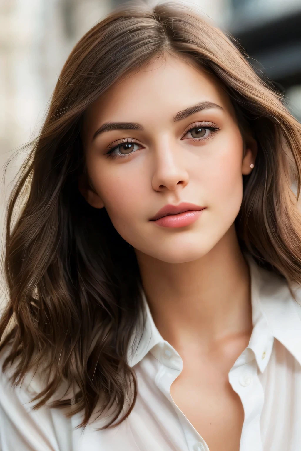 portrait of a brunette woman, clear facial features, Cinematic, 50mm lens, f/1.4, accent lighting, global illumination --uplight --v 4 approachable face with warm, inviting eyes, and long, neatly-styled dark brown hair that frames her face elegantly. big lips. slight blemishes on skin