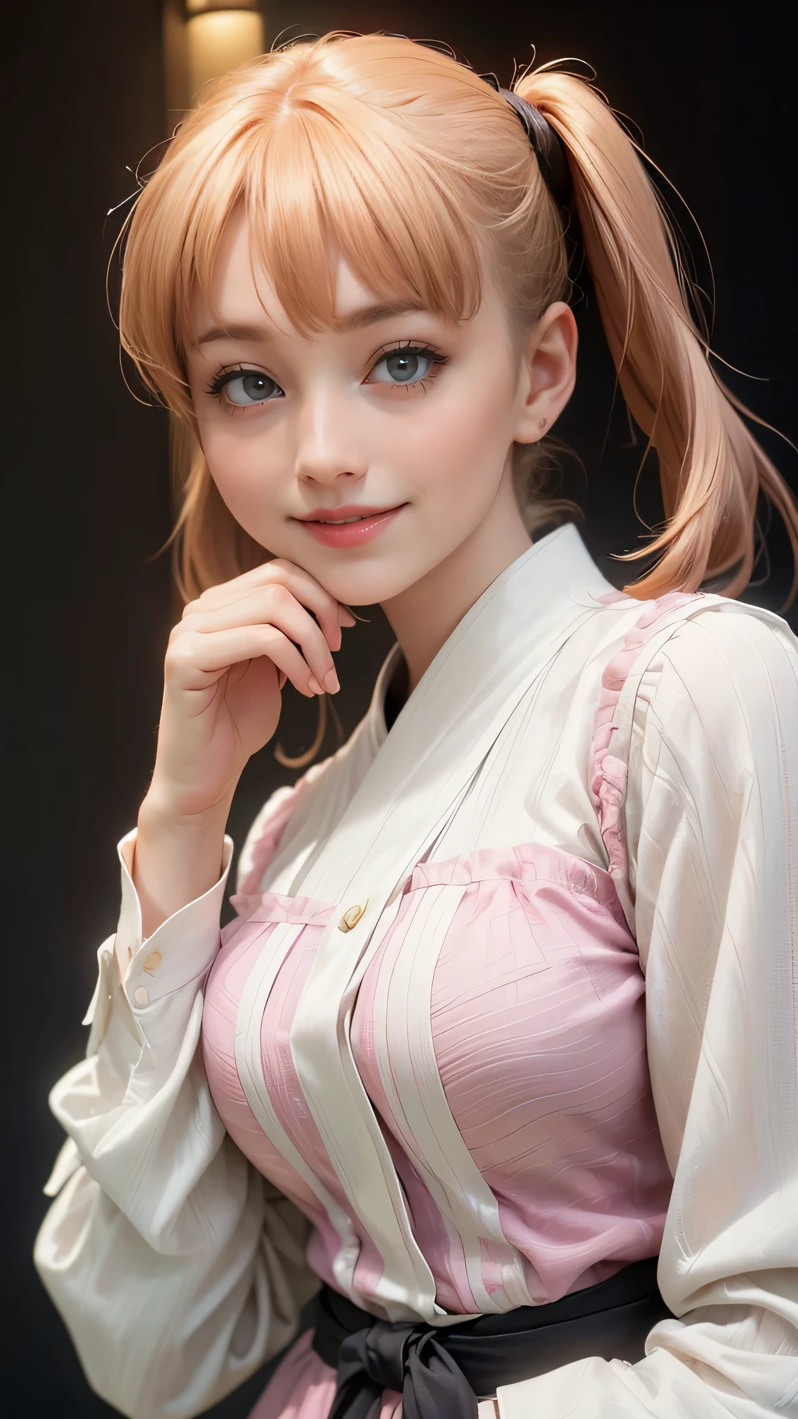 (highest quality, 8k, High resolution, realistic:2.0), (((alone, one girl)))、I am Japanese、cute idol、singer、22 years old、Like an angel in a white dress、 use pink glossy lipstick,eye swelling、(girl with big beady eyes:1.5)、((round face, smile, big breasts,big ass))、flushed complexion、Cute whole body pose、twin tails、