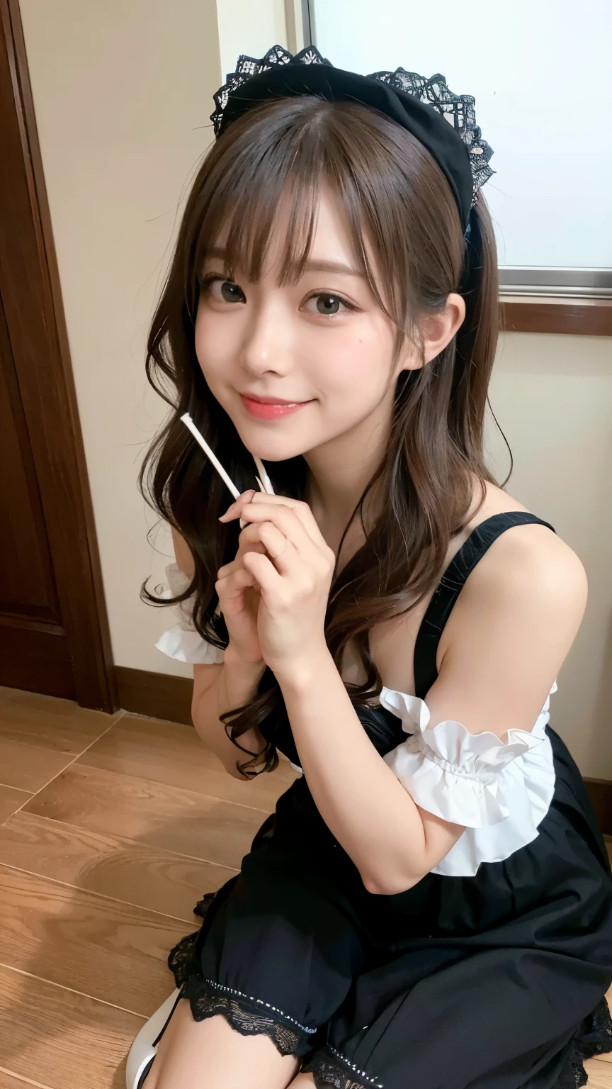 (((medium hair))), highest quality, 8K, nffsw, High resolution, absurd:1.2, photograph, (RAWphotograph:1.2), (Photoreal:1.4), (masterpiece:1.3), 1 girl, alone, japanese girl, delicate and beautiful details, (detailed eye), (detailed facial features), (highest quality:1.4), (超A High resolution:1.2), (highly detailed diagram), (lip gloss、highest quality、超A High resolution、1 girl、alone、Nogizaka 私dol、fiery idol pose、maid Cafe、Various poses are cute、girl、Maid clothes,best smile,laughter、Maid clothes、lace ruffles、Kneel with the balls of your feet on the floor、Sit on heels,Pause Request,