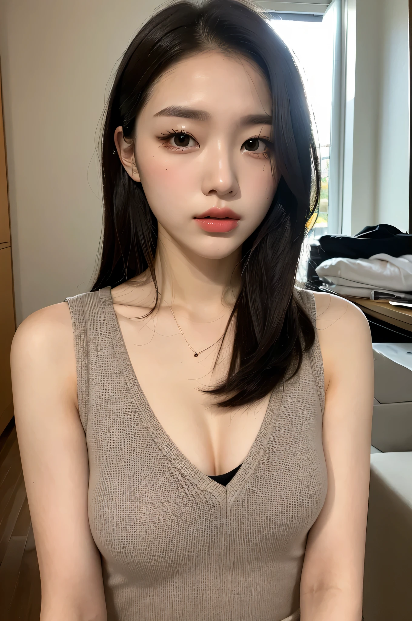 8K, Raw photo, high quality, realistic, Natural light, real face, 18 year old female, brown hair, long hair, brown eyes, small head, perfect chest shape, real skin, rough skin, black pantyhose, tease, lure