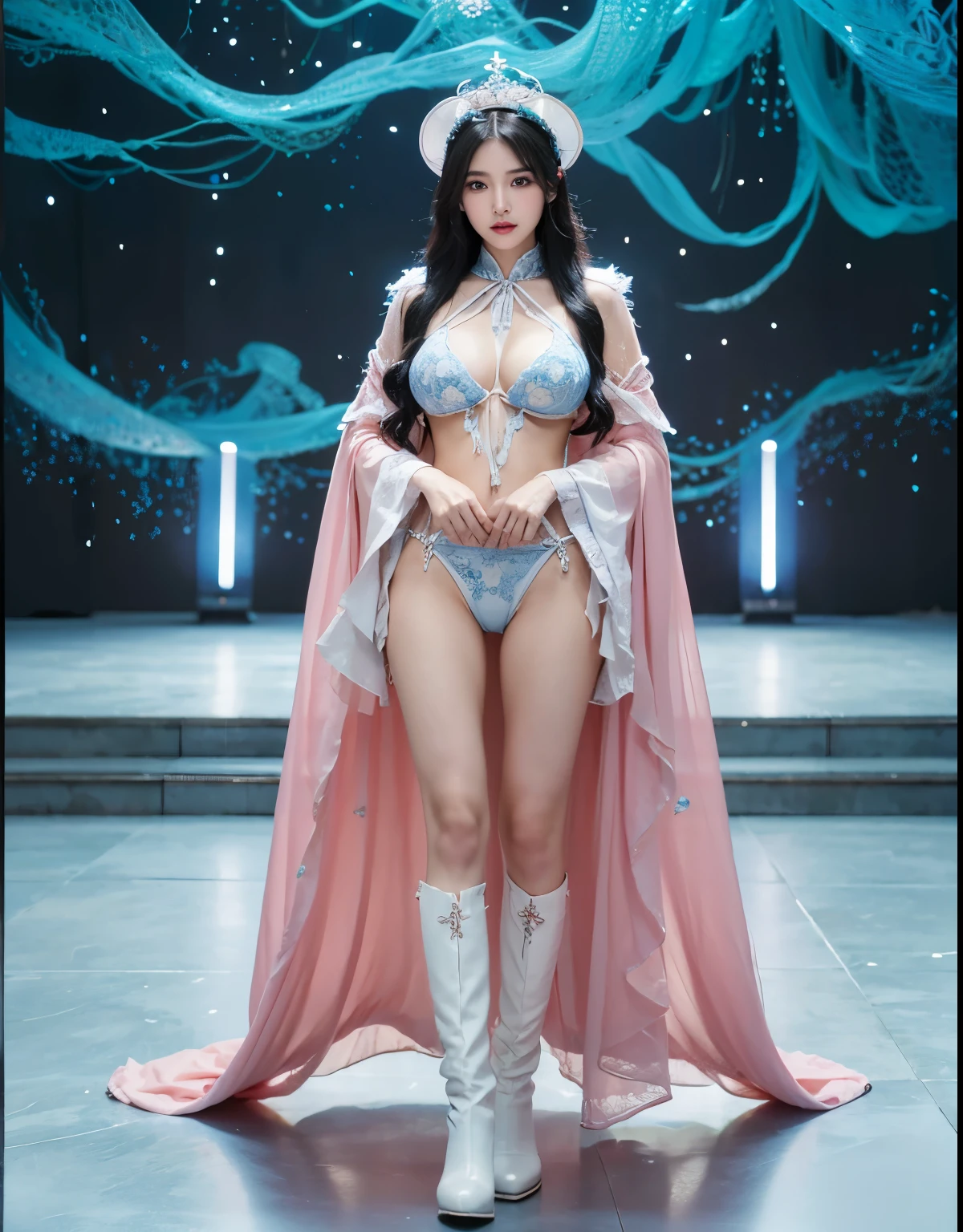 beautiful and delicate woman,The details of the eyes and face are very rich, exquisite eyes, super detailed, High resolution, The content is very detailed,best quality,EnLightenment,Unite,8k wallpaper,masterpiece,best quality,imagine,1 girl,China costume, Wear sexy blue bikini armor,metal style, big breasts, high-cut underwear, 盔甲有圖案metal style的, Big blue priest cloak,priest hat,standing posture,long legs,Put on powder blue and white boots,look at the audience,Face the audience,flowing long hair,Surreal 8000g,Impeccable,masterpiece,professional artwork,famous artwork,Light,movie bloom,perfect face,pretty face,fantasy,Dreamy and magical,not real,intricate details,Exquisite pattern…Korean woman’s face