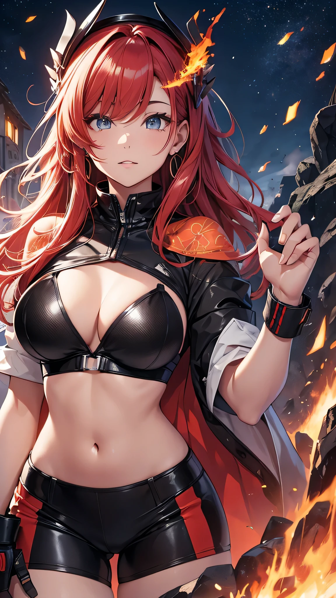 最high quality、best image quality、masterpiece、girl((20-year-old、 By becoming、vest bust、medium bust,wide open breast tea、shining eyes, glowing red hair、long hair、thin,highest valley、red sports bra、Red sports pants,Ruby Earrings、Wristband、black gloves、seductive pose)),high quality、beautiful art、background((inflammation、volcano、magma、eruption、meteorite))、Flight、debris flies、Depth of written boundary、movie、visual art、perfect art、8K,genuine、