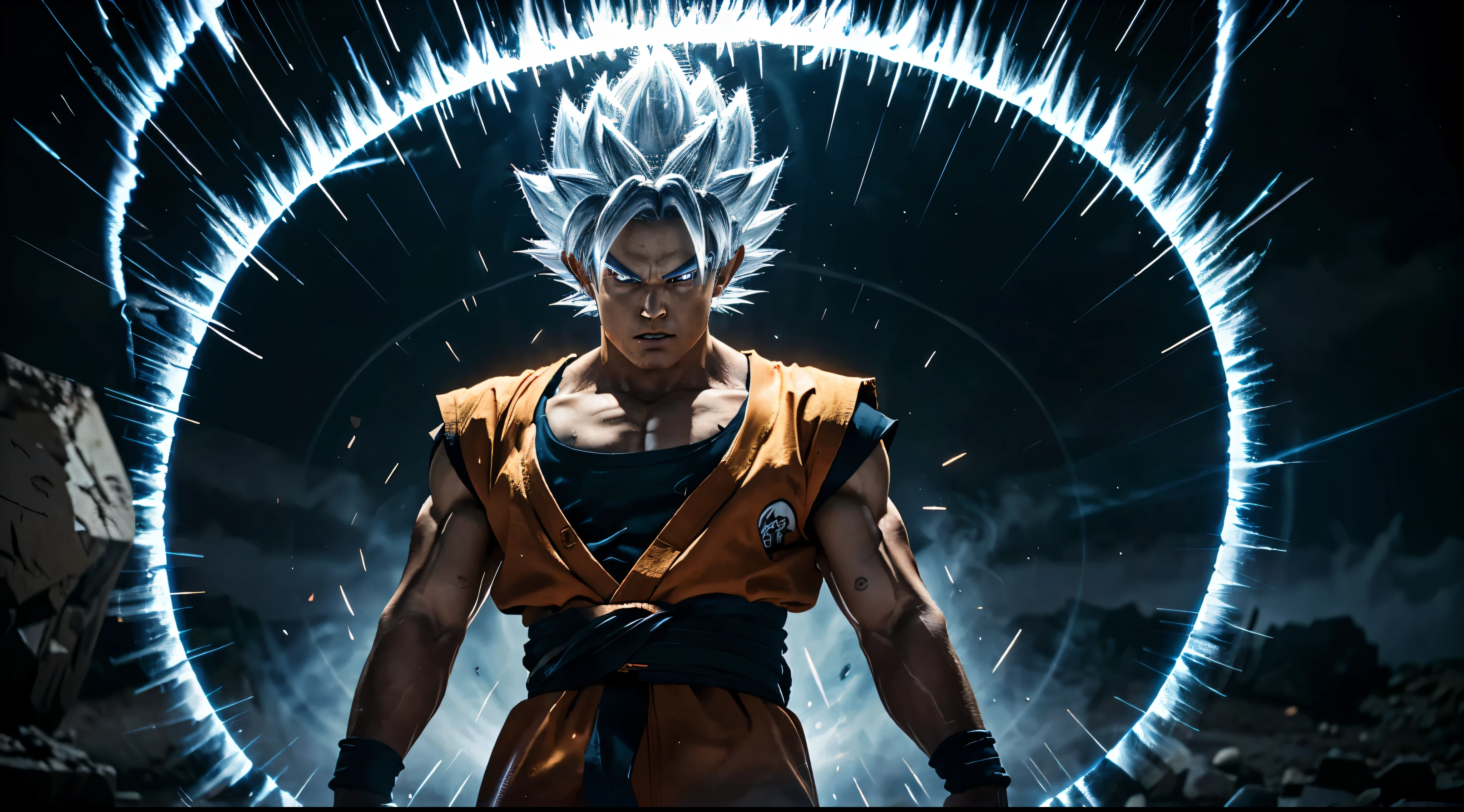 Son Goku, the legendary Saiyan warrior, stands tall and proud in his Ultra Instinct form. His hair is silver and his eyes are glowing with divine energy. He is surrounded by a white aura that crackles with power. Goku is ready to face any challenge that comes his way, and his determination is evident in his fierce expression. The background is a swirling vortex of energy, adding to the sense of power and intensity 64k uhd HDR volumetric well lit insanely detailed --ar 16:9 --style raw --chaos 75 perfect anatomy