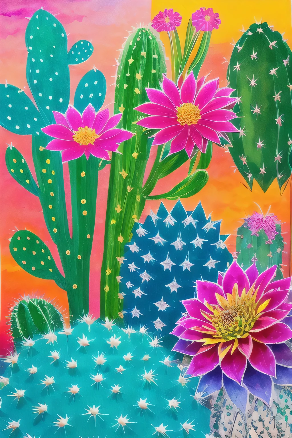 vibrant and whimsical piece of painting inspired by the beauty of desert landscapes and bohemian aesthetics. Incorporate elements of cacti, succulents, and desert flora into your design, using bold colors, intricate patterns, and playful textures to evoke the free-spirited vibe of boho style. Experiment with mixed media techniques such as watercolors, acrylics, or collage to add depth and dimension to your artwork. Whether it's a minimalist cactus silhouette against a colorful sunset backdrop or a detailed botanical illustration with geometric patterns, let your creativity flow and capture the enchanting allure of boho cactus style in your painting