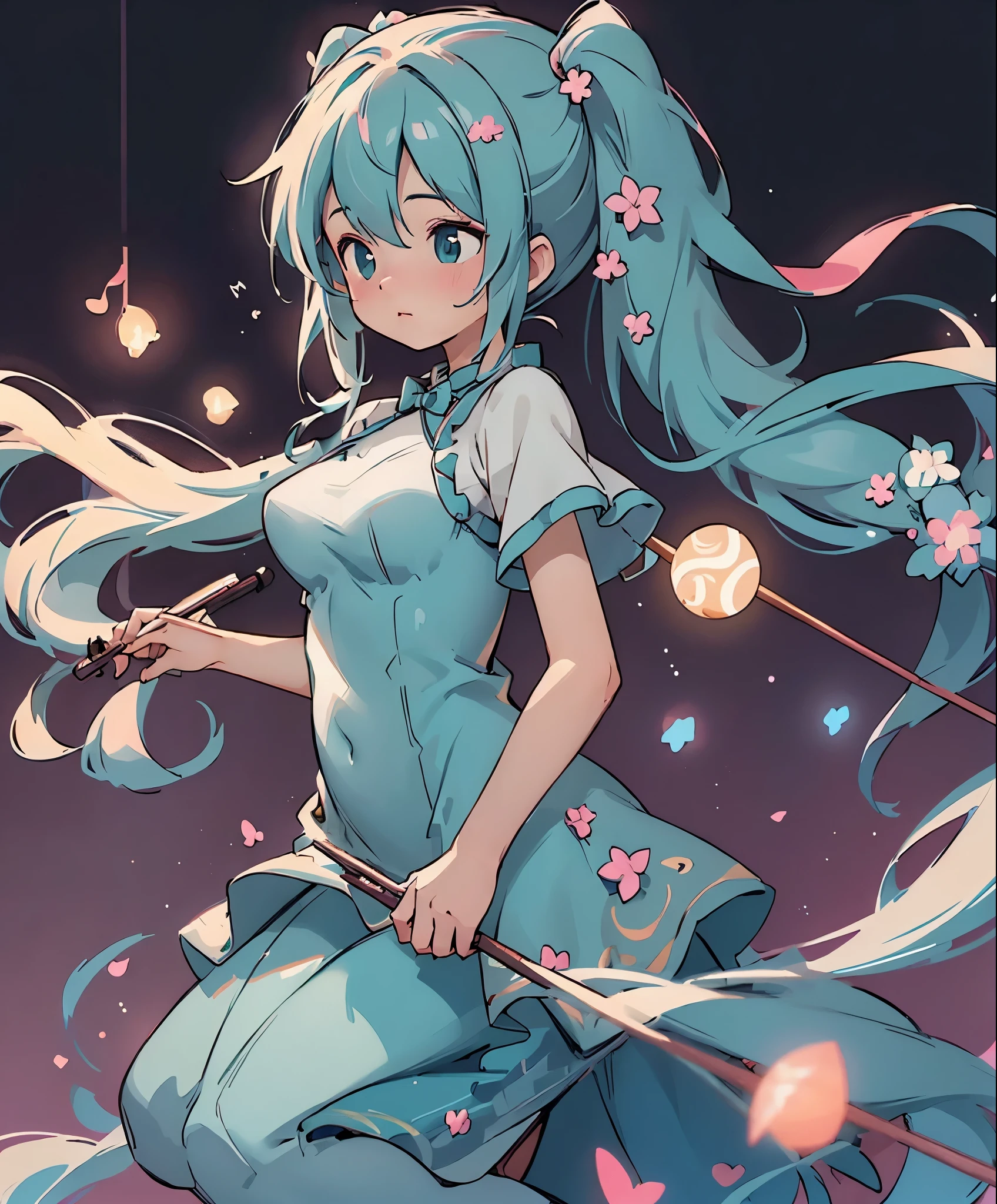(masterpiece、highest quality、highest quality、official art、beautiful beautiful:1.2)、(1 girl:1.3)Hatsune Miku、twin tails,big breasts,table top, hire, cinematic lighting, sharpest focus, highest quality, Depth of the bounds written, Movie cover, particles of light, Bright colors.
girl on the front screen, play the violin, her hair is floating in the air, dynamic hair, majestic hair, Music Note Dress, orchestra, musical notes flowing in the air, A circle of magical notes surrounding a girl, bright eyes, more_detailed:1.5, unusually long hair, full body