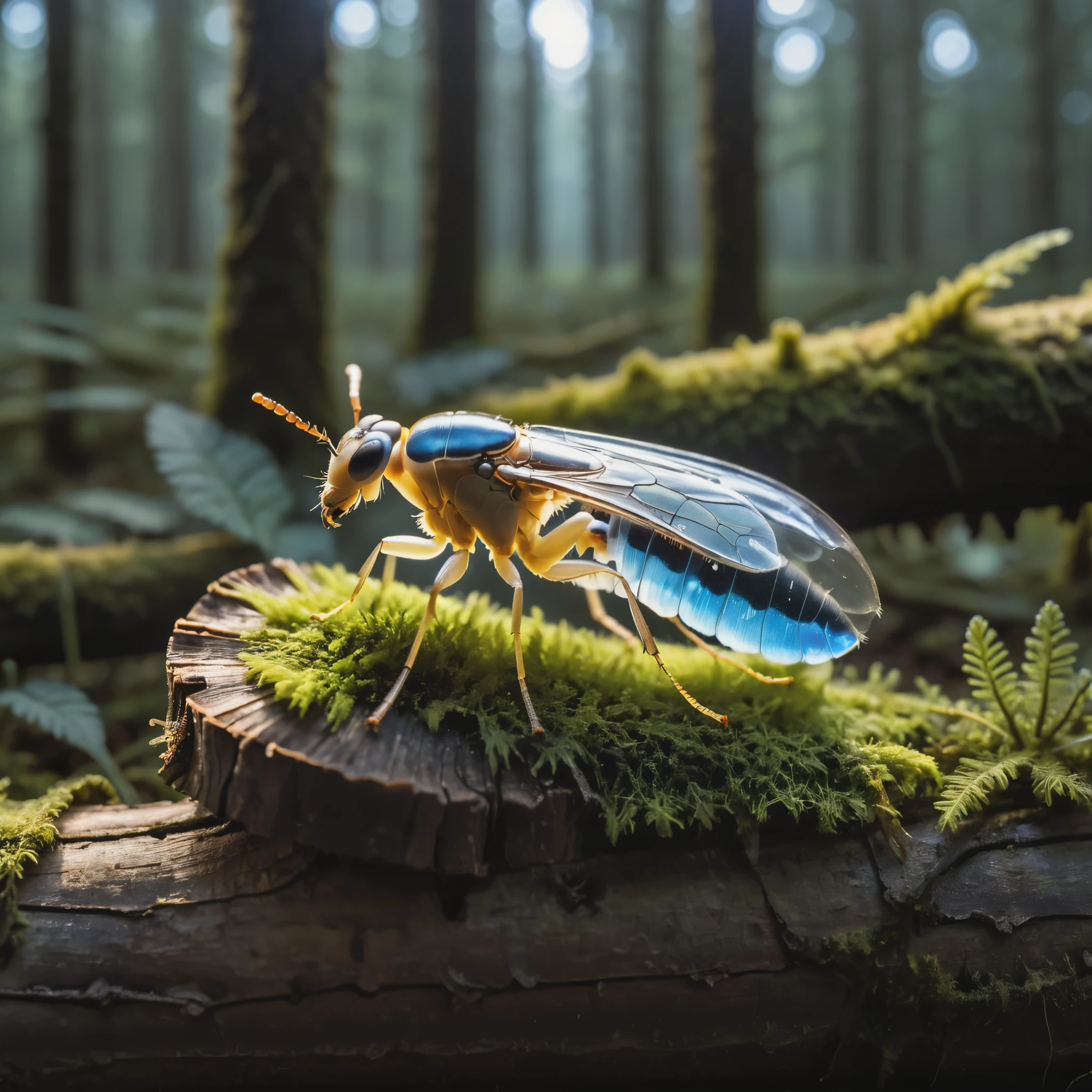 Glowing transparent insect, fused with mushroom, forest, on a mossed log