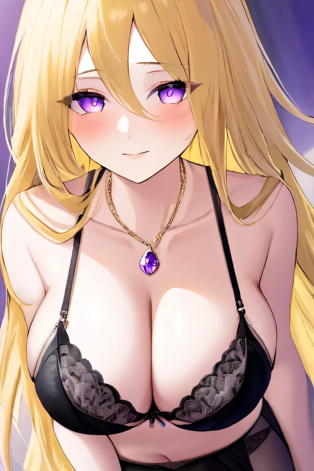 ke****nde,1girl,jewelry,breasts,skirt,solo,shirt,bra,cleavage,pantyhose,necklace,looking at viewer,holding,black bra,long hair, yellow hair, purple color eyes, detail face, detail hair, detail eyes, detail bra,cheerful face