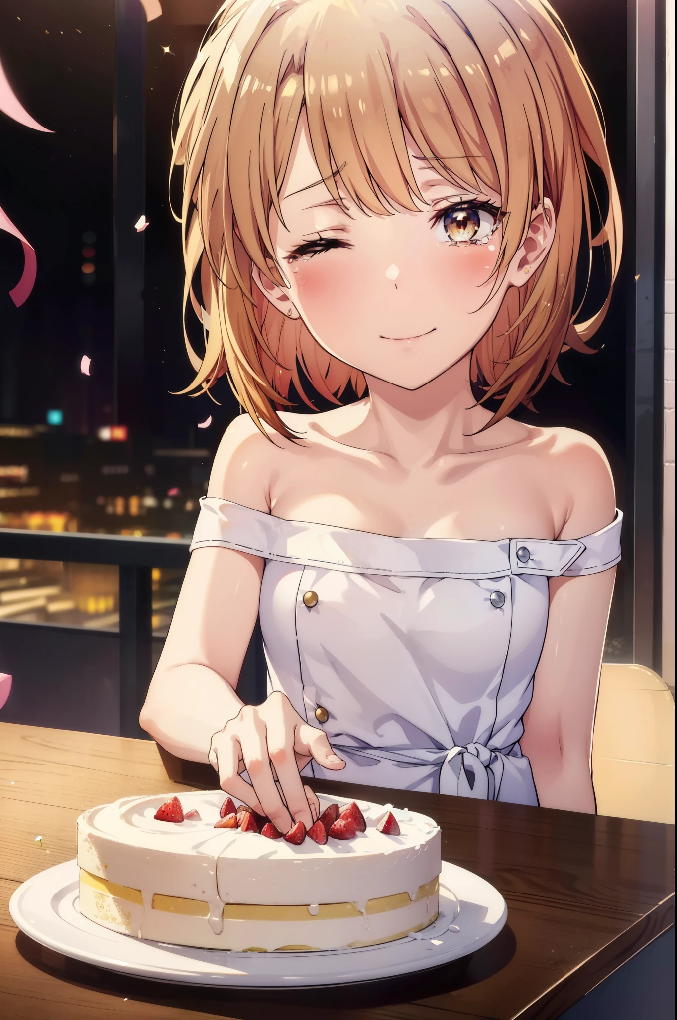 irohaisshiki, iroha isshiki, short hair, brown hair, smile,blush,open your mouth,close both eyes,tears run down her face,Crying with joy、cry a lot、white off shoulder dress,bare clavicle,bare shoulders,naked neck,long skirt,stiletto heels,A large cake is placed on the table,confetti,
break indoors, coffee shop,
break looking at viewer,
break (masterpiece:1.2), highest quality, High resolution, unity 8k wallpaper, (figure:0.8), highly detailed face, perfect lighting, Very detailed CG, (perfect hands, perfect anatomy),