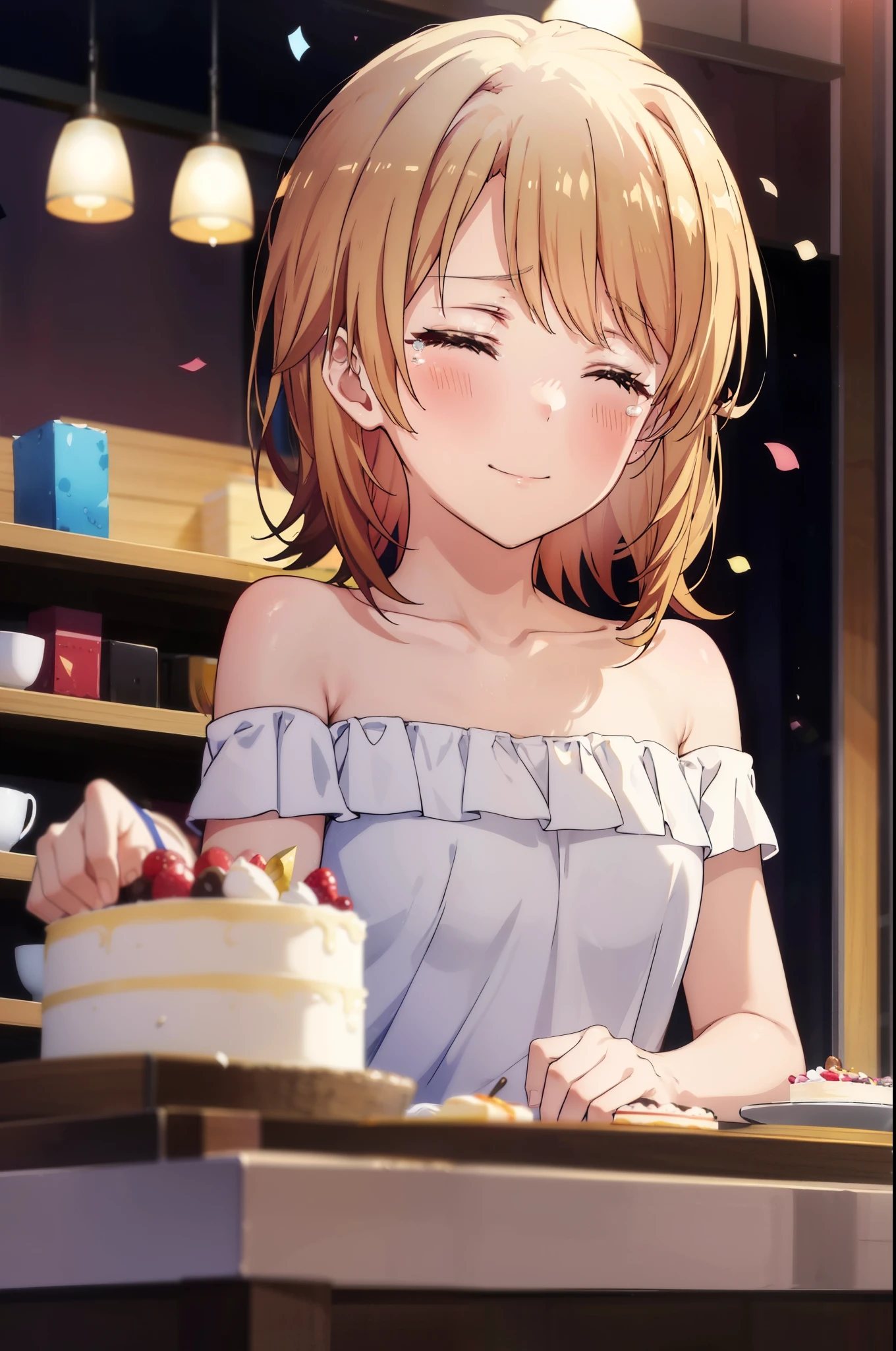 irohaisshiki, iroha isshiki, short hair, brown hair, smile,blush,open your mouth,close both eyes,tears run down her face,Crying with joy、cry a lot、white off shoulder dress,bare clavicle,bare shoulders,naked neck,long skirt,stiletto heels,A large cake is placed on the table,confetti,
break indoors, coffee shop,
break looking at viewer,
break (masterpiece:1.2), highest quality, High resolution, unity 8k wallpaper, (figure:0.8), highly detailed face, perfect lighting, Very detailed CG, (perfect hands, perfect anatomy),