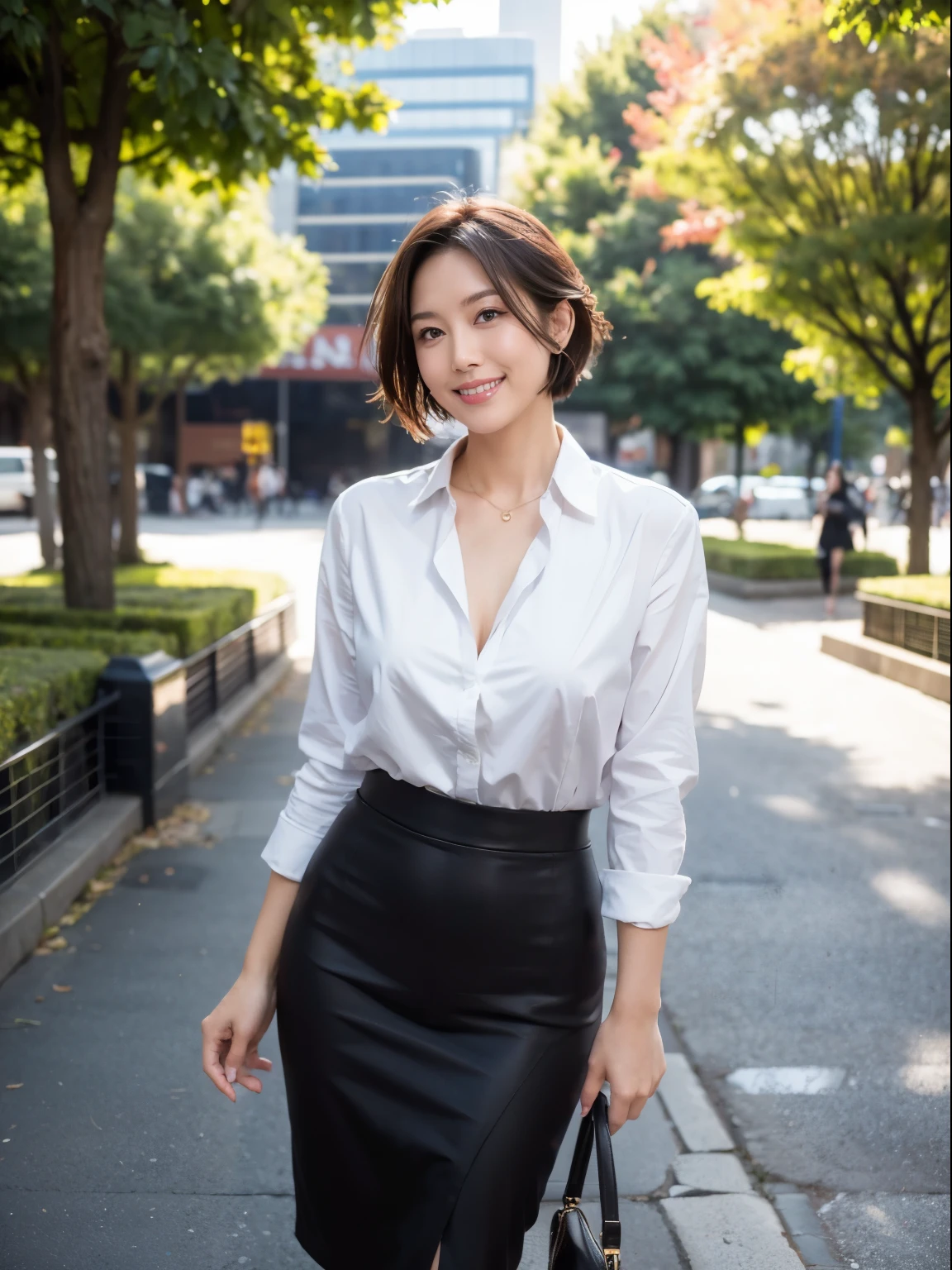 (Raw photo:1.2), (realistic:1.4),beautiful detailed woman,非常にfine eyesと顔, fine eyes, Super detailed,High resolution, very detailed,highest quality,enlightenment,unified,8k wallpaper,masterpiece,highest quality,1 female,alone,rich,Full body Esbian,(Slightly chubby body type:0.85),meaty legs,alone,(business suit,Tight Skirt,high heels),jewelry, necklace ,short hair,gentle smile,dignified atmosphere,black eye,realistic,Hibiya Park , (morning park:1.1),(standing upright:1.4)