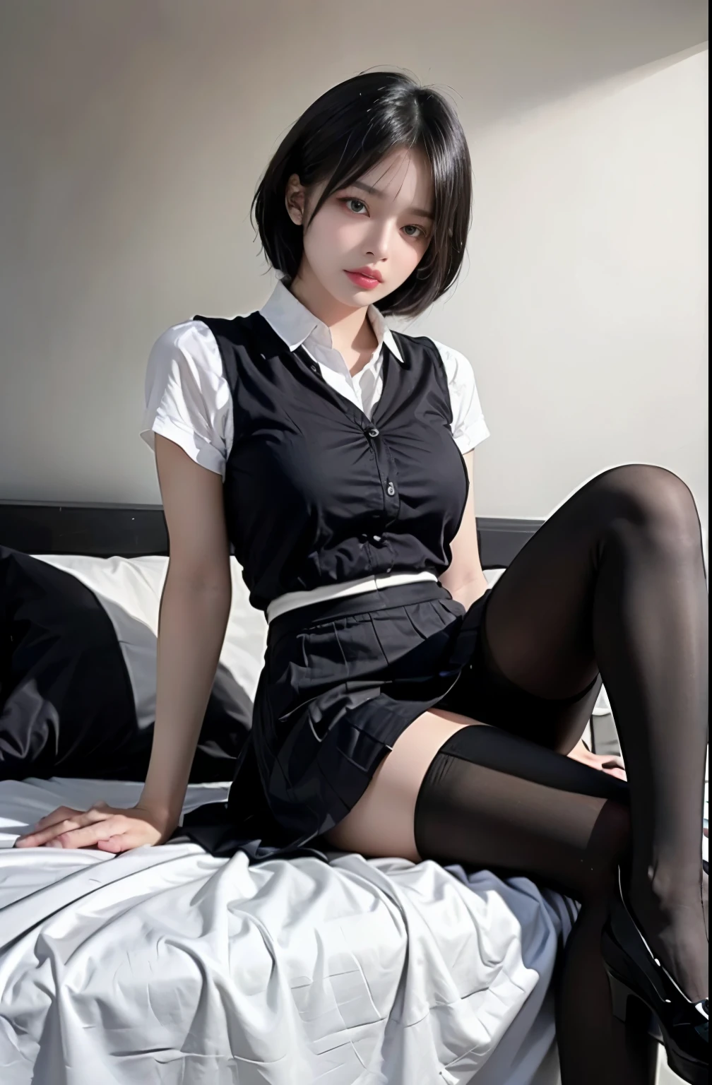 cute girl, thin legs, high heels on the ground, hotel room, (masterpiece:1.3), (8K, realistic, Raw photo, highest quality: 1.4), (1 girl), beautiful face, (realistic face), (black hair, short hair:1.3), beautiful hairstyle, realistic eyes, detailed and beautiful eyes, realistic skin, beautiful skin, ultra high resolution, Super realistic, very detailed, golden ratio, cute, sexy in jk uniform, surreal high school girl, short skirt, Tight Skirt, black stockings, full body figure, thin arms, big breasts、black hair、short hair