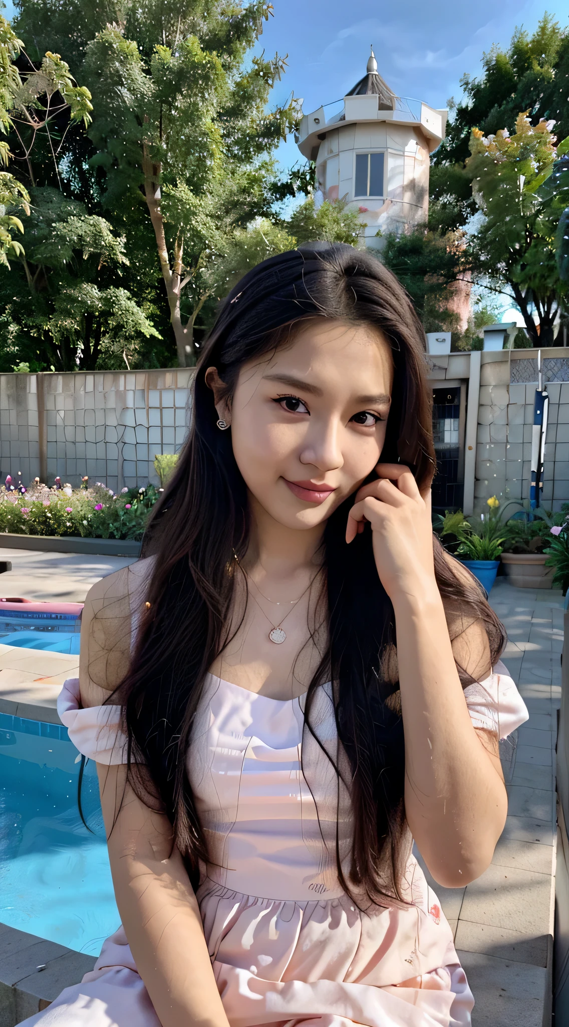 A woman in a pink dress is sitting in a flower bed,The background is blue sky, Jinyoung Shin, Simsbo, best face, blackpink jennie, Jaeyeon Nam, fairy core, Doyoung Kim, album art, Portrait of Blackpink Josh, sakimichan, face profile picture, Young Angel, 🍁 cute, chassis, common ratio