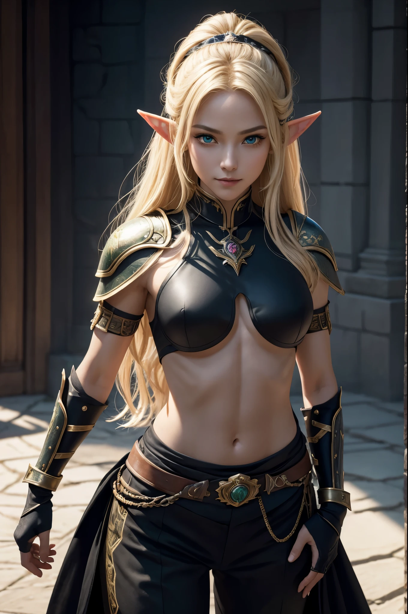 8K,An elf woman who is the vice-commander of the Knights of the Brave.,Super beautiful(like the real thing),green eyes,elf ears,blonde straight hair,muscular slim body,strongly cracked abdominal muscles,luxurious black exterior,luxury black combat pants,smile,long slit eyes,masterpiece,Photorealistic RAW photos of the highest quality。bright colors,rich colors, Backlight, cinematic lighting, film grain, to be born, 50MM lens, Nikon D850,realistic skin,fantasy art,character art,ultra high resolution,realistic scale skin,Perfect hand shape,view audience,beautiful expression,comb one's hair,very small breasts,豪華な黒いvery small breastsの胸鎧,luxurious black shoulder armor,luxury black gauntlets,luxurious black waist armor,luxury black leg armor,view audience,thin chest plate,perspective from above,Close-up,