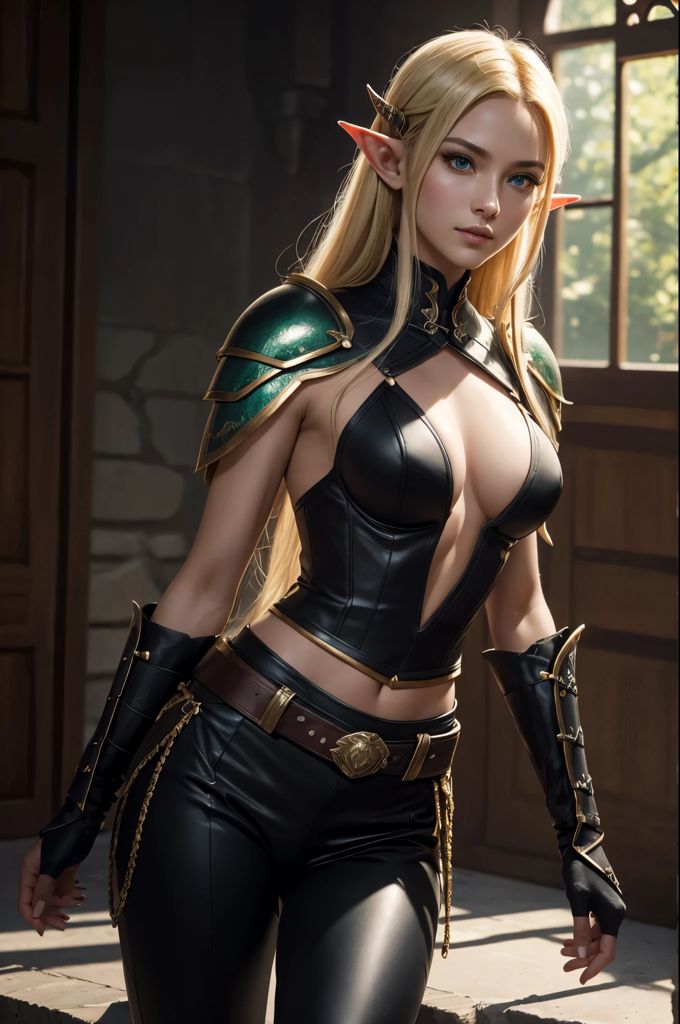 8K,An elf woman who is the vice-commander of the Knights of the Brave.,Super beautiful(like the real thing),green eyes,elf ears,blonde straight hair,muscular slim body,strongly cracked abdominal muscles,luxurious black exterior,luxury black combat pants,smile,long slit eyes,masterpiece,Photorealistic RAW photos of the highest quality。bright colors,rich colors, Backlight, cinematic lighting, film grain, to be born, 50MM lens, Nikon D850,realistic skin,fantasy art,character art,ultra high resolution,realistic scale skin,Perfect hand shape,view audience,beautiful expression,comb one&#39;s hair,very small breasts,豪華な黒いvery small breastsの胸鎧,luxurious black shoulder armor,luxury black gauntlets,luxurious black waist armor,luxury black leg armor,view audience,thin chest plate,perspective from above,Close-up,